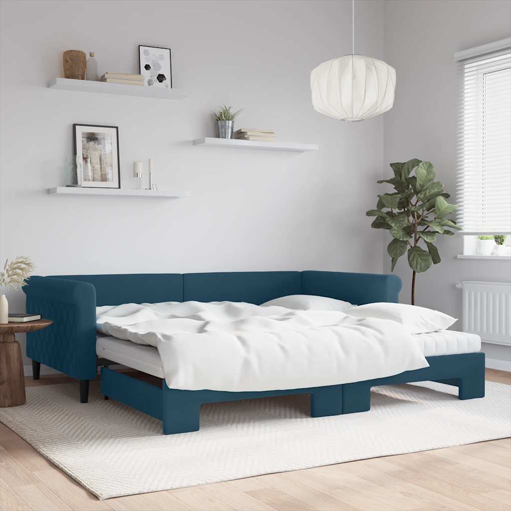 Sofá-cama com gavetão e colchões 100x200 cm veludo azul