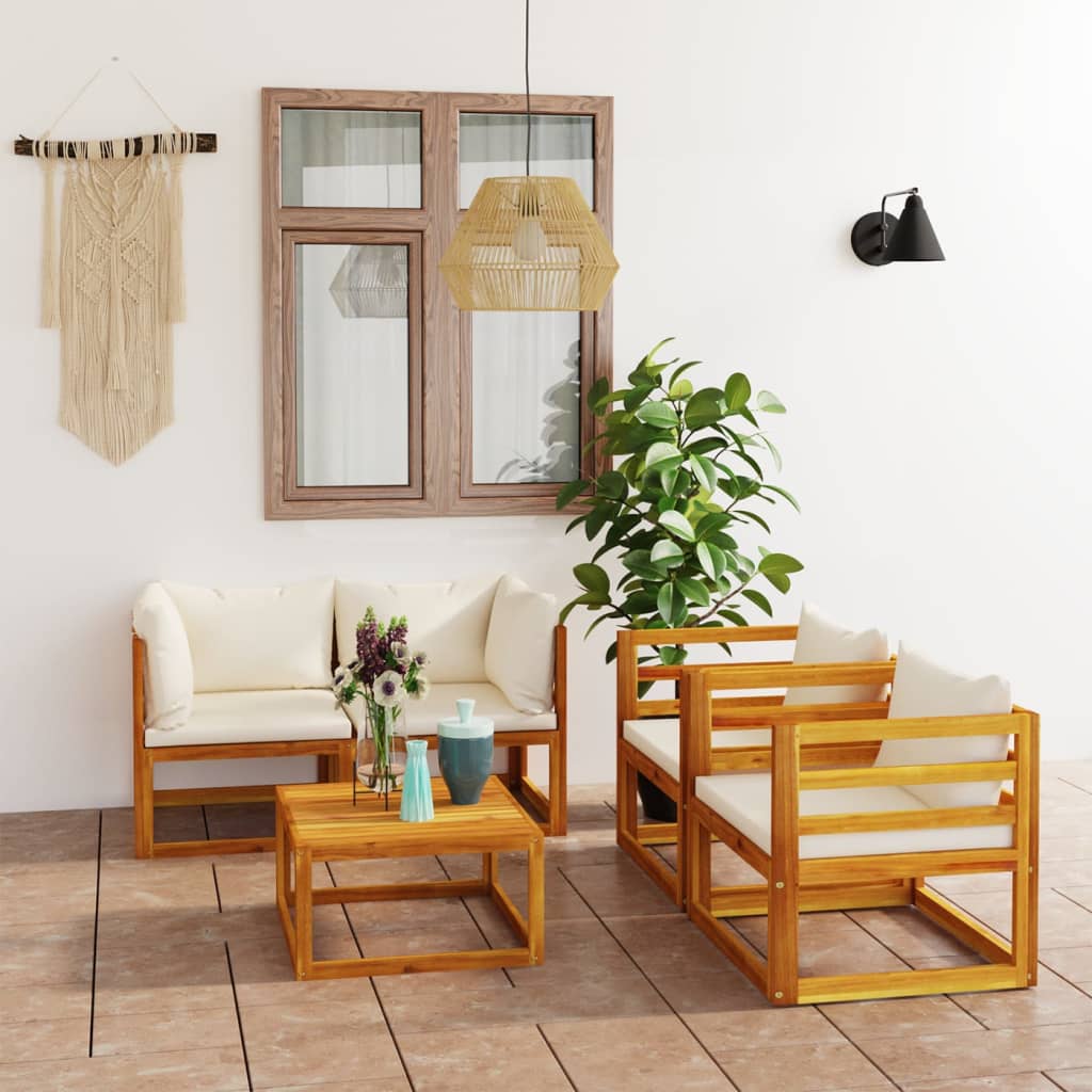 5 Pcs conjunto lounge jardim c/ almofadões creme acácia maciça