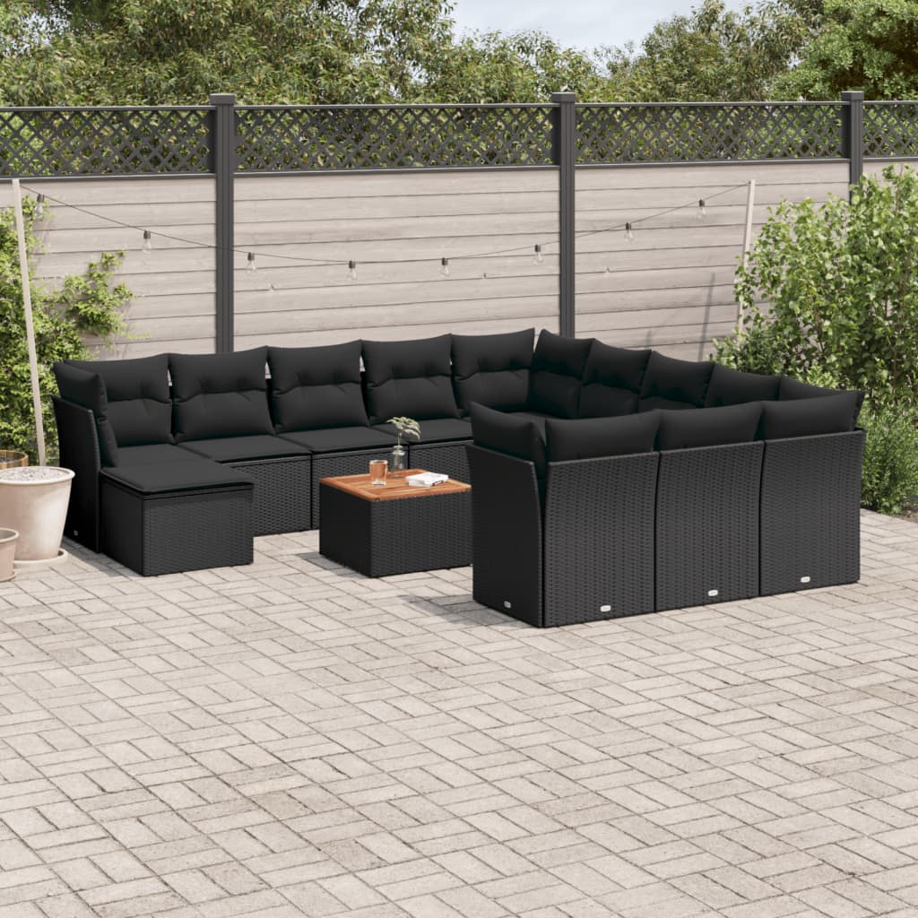 13 Pcs conjunto de sofás de jardim com almofadões vime PE preto