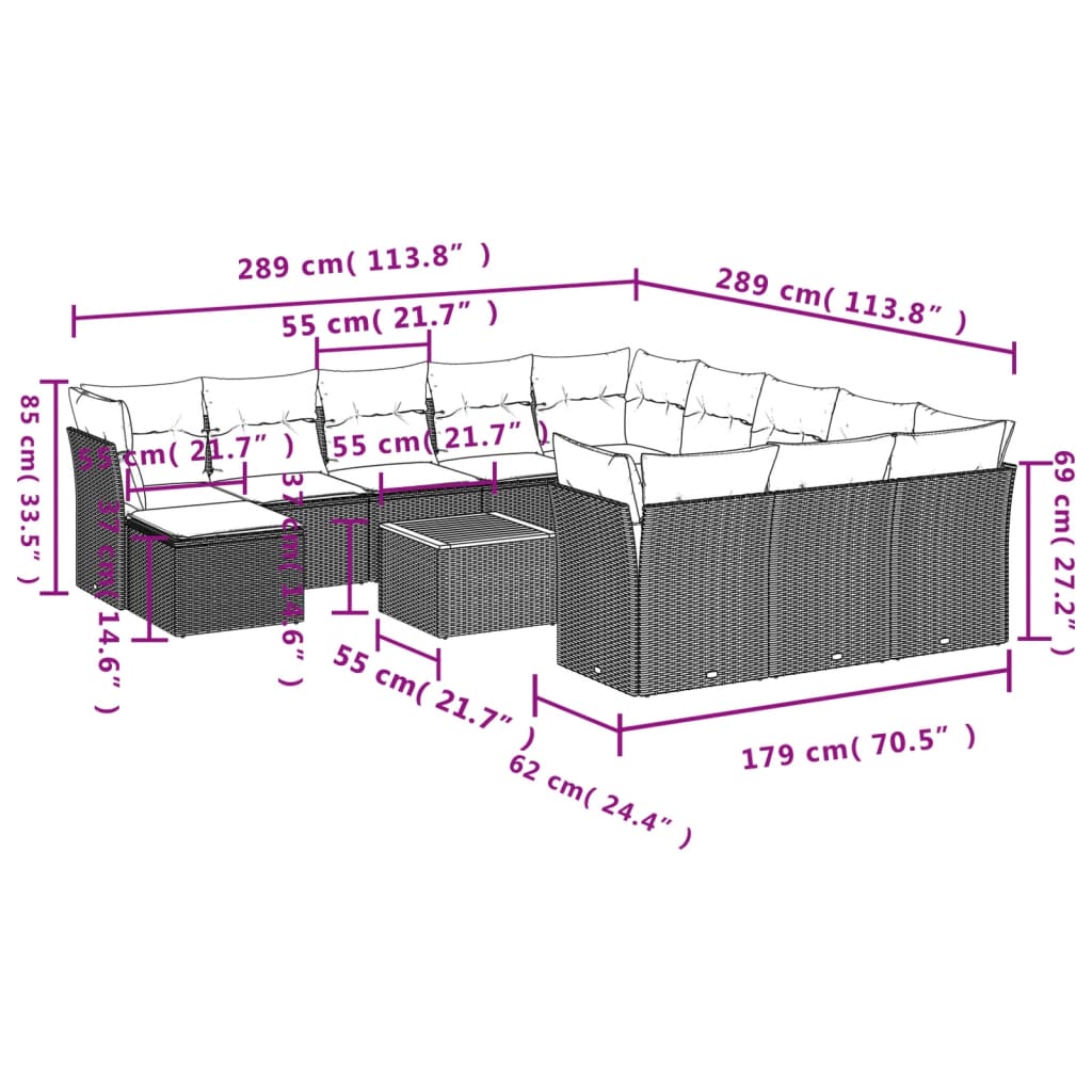 13 Pcs conjunto de sofás de jardim com almofadões vime PE preto