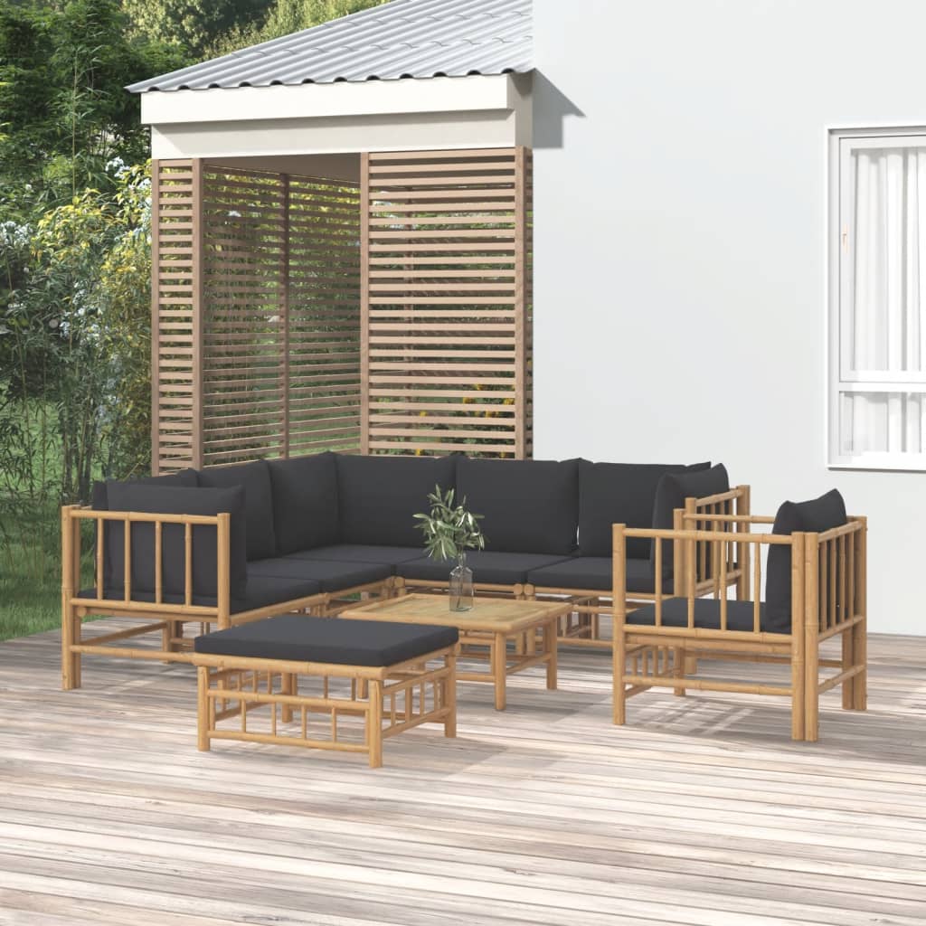 8Pcs conj. lounge de jardim bambu c/ almofadões cinzento-escuro