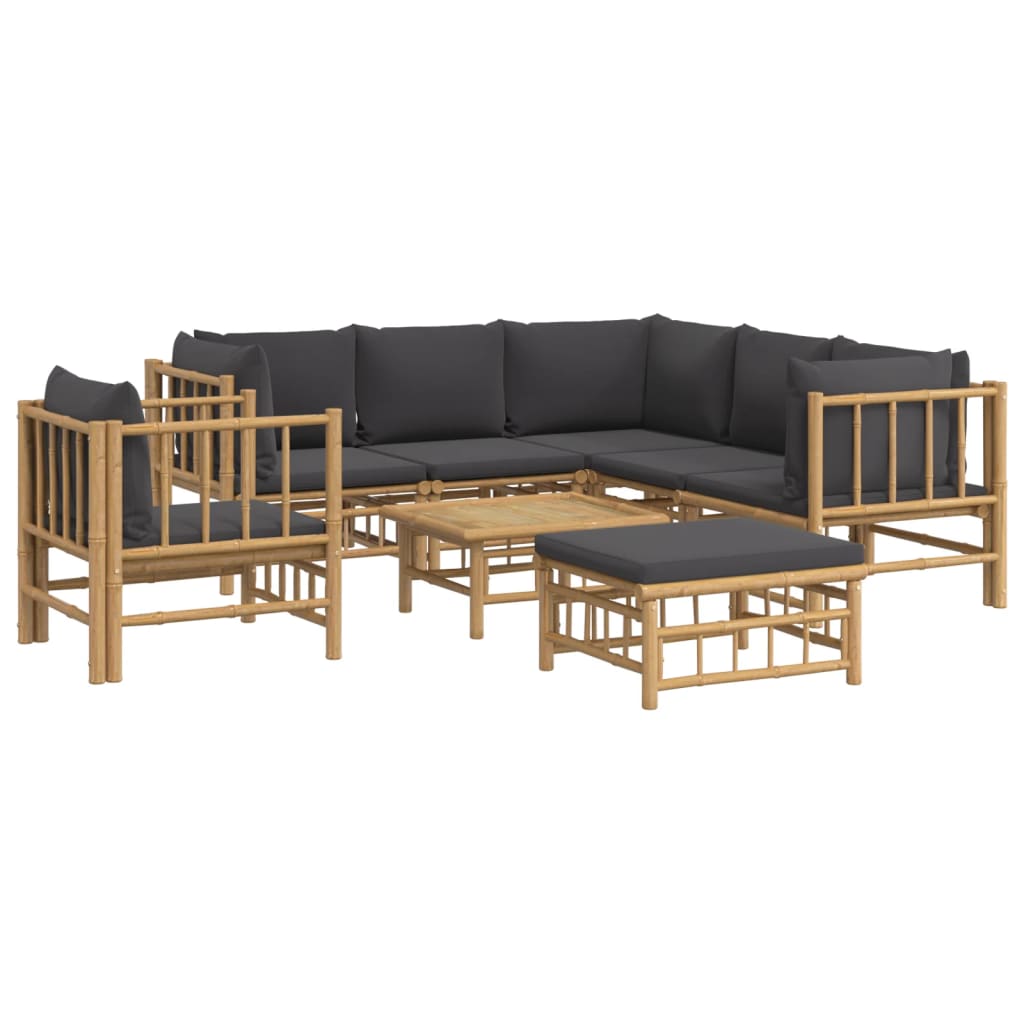 8Pcs conj. lounge de jardim bambu c/ almofadões cinzento-escuro