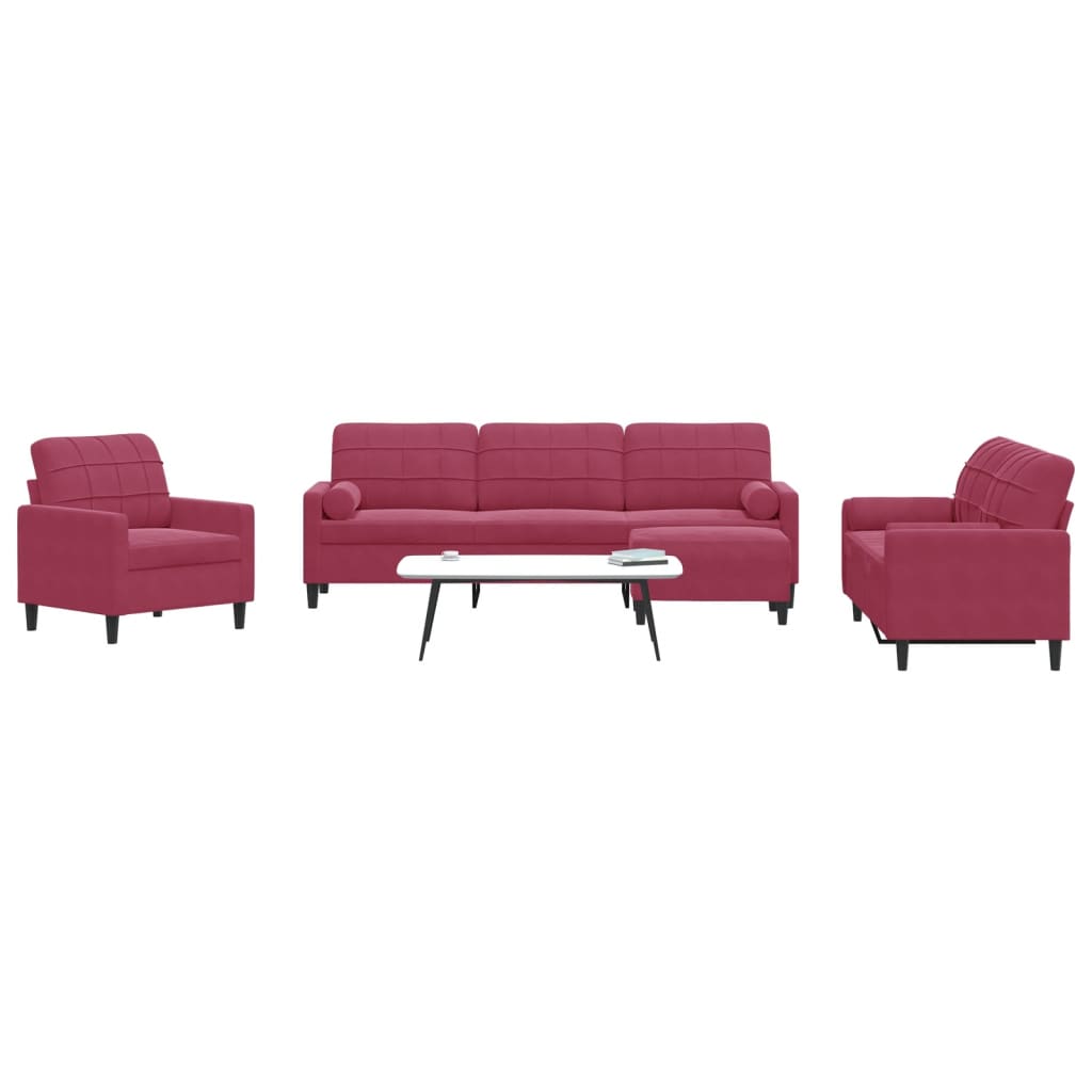 4Pcs conjunto sofás c/ almofadões e rolos veludo vermelho tinto