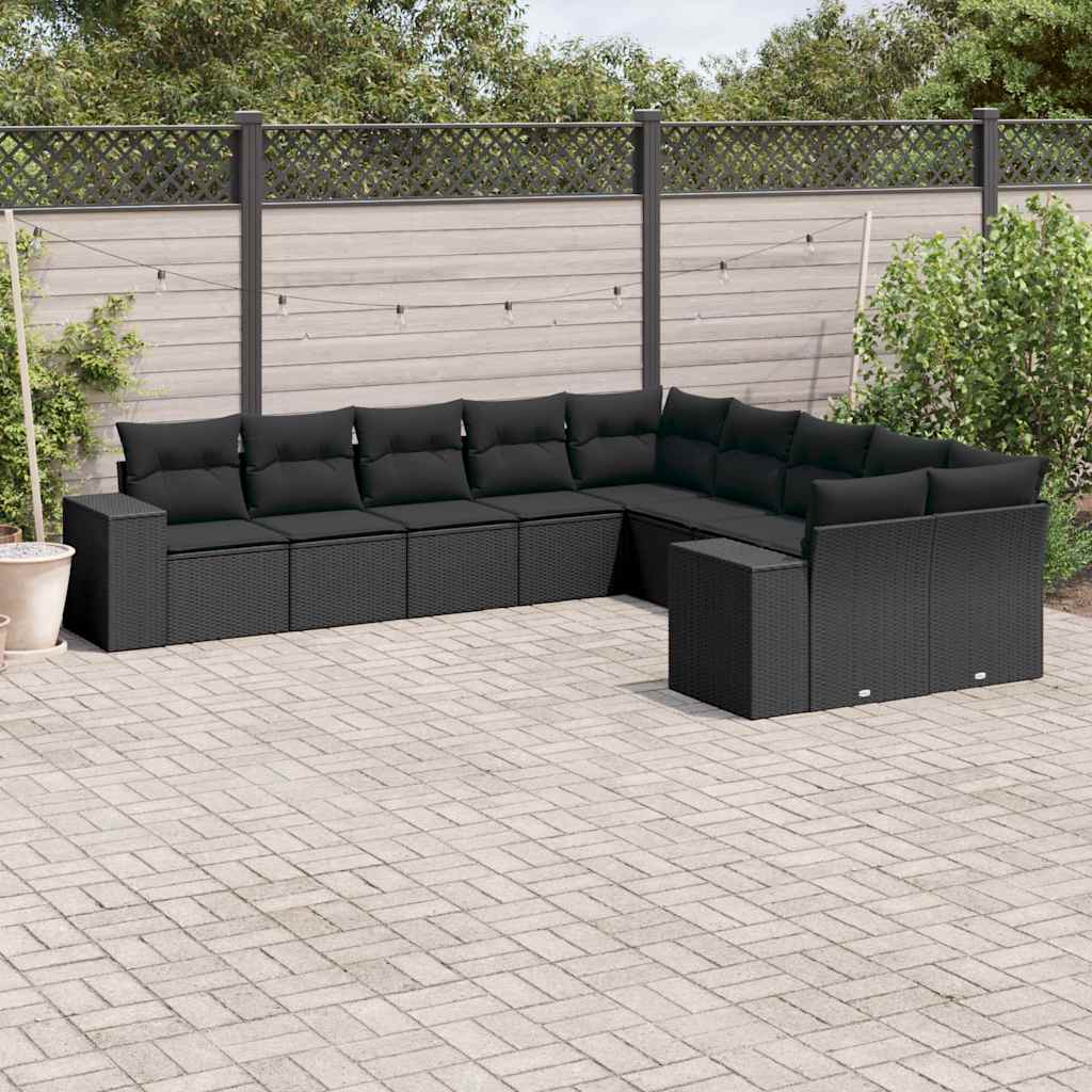 10 Pcs conjunto sofás de jardim c/ almofadões vime PE preto