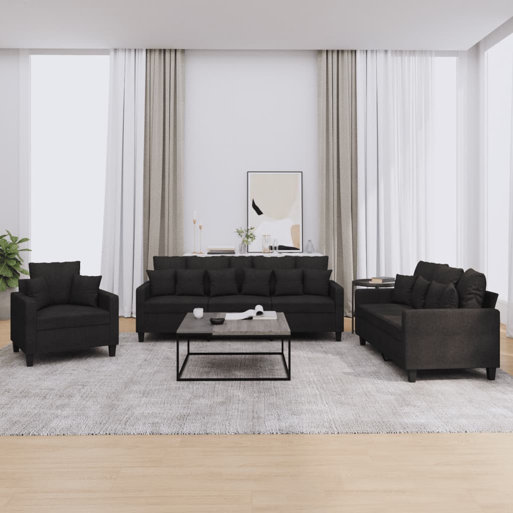 3 Pcs conjunto de sofás com almofadas tecido preto