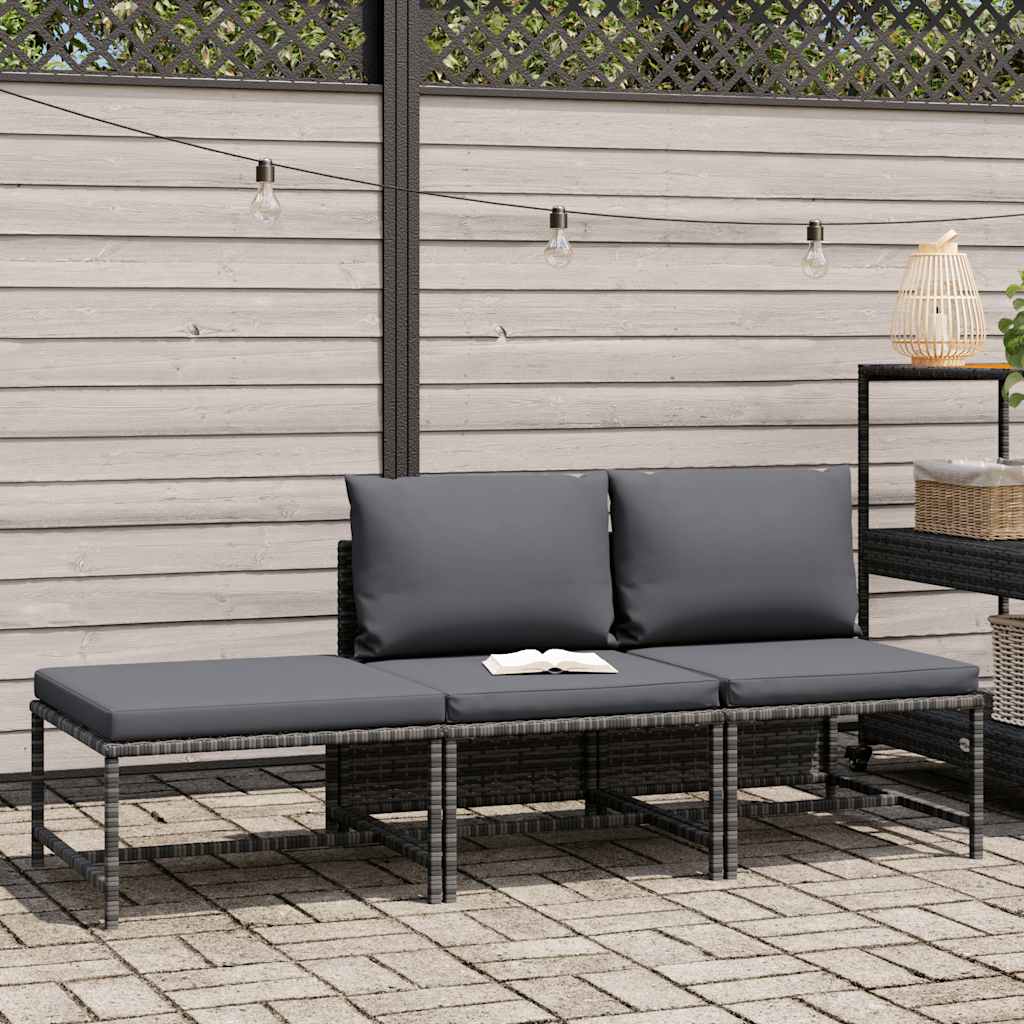 3 Pcs conjunto sofás de jardim c/ almofadões vime PE cinzento