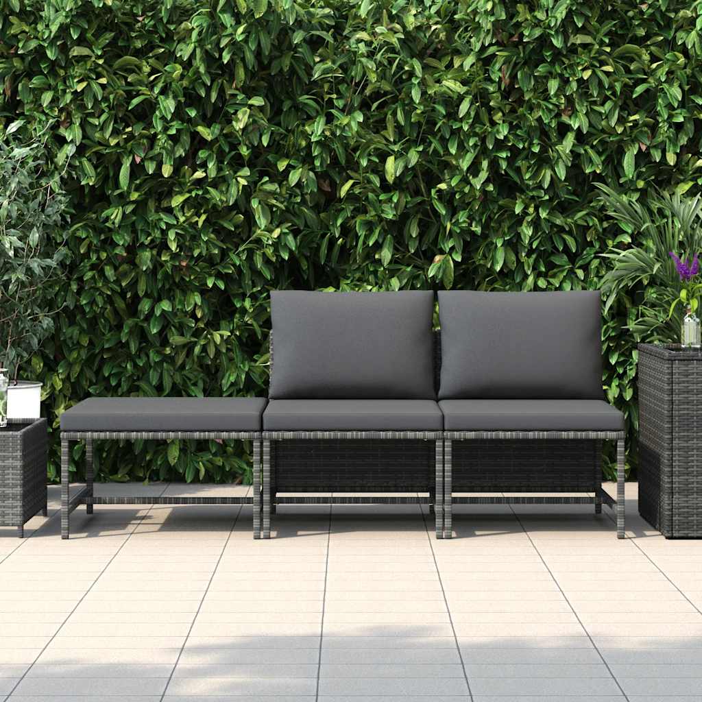 3 Pcs conjunto sofás de jardim c/ almofadões vime PE cinzento