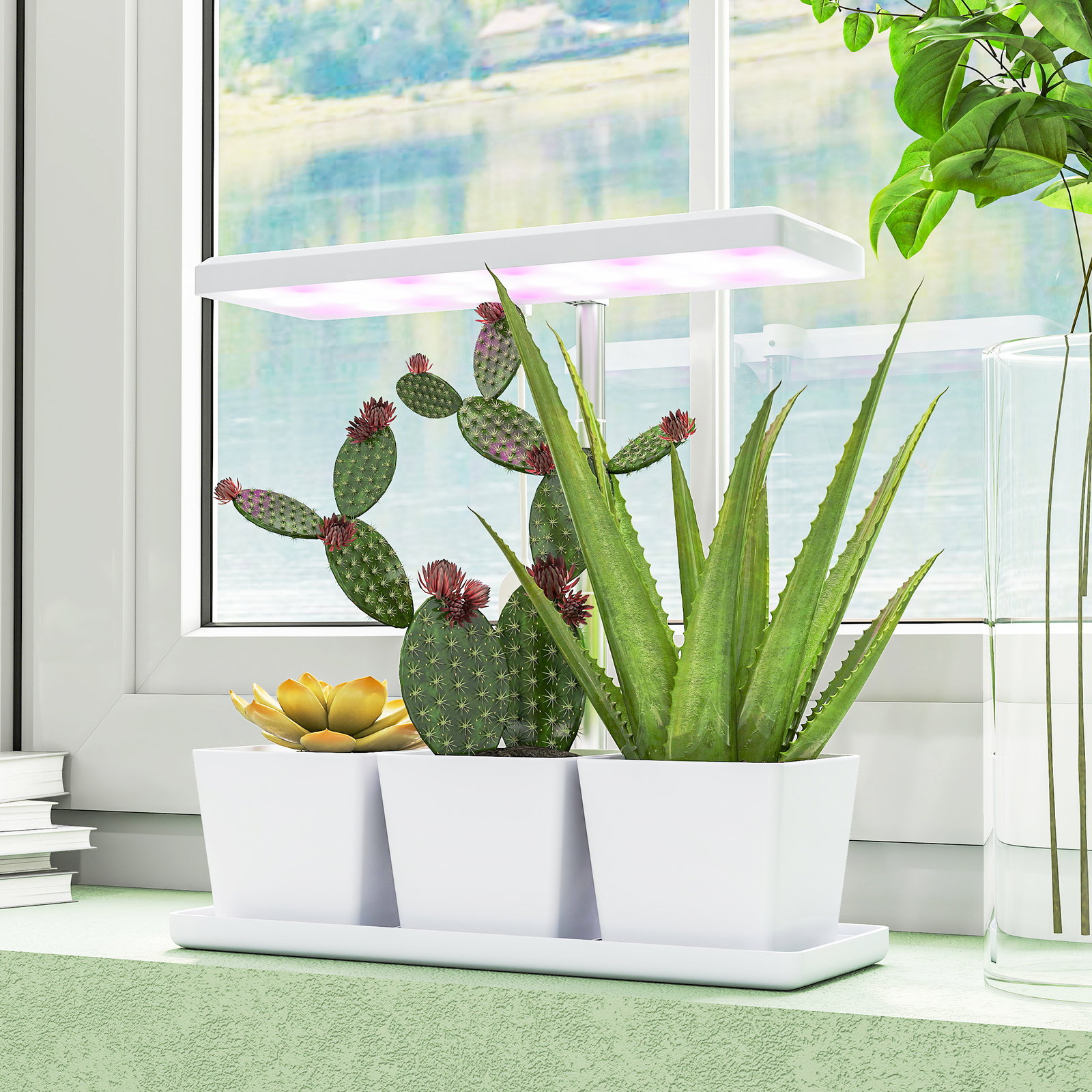 Luz de crescimento com 30 LED de espectro completo ajustável em altura com temporizador automático 8/12/16/24h 5 níveis de brilho e 3 vasos 31,8x13,4x18,6-35,6 cm branco