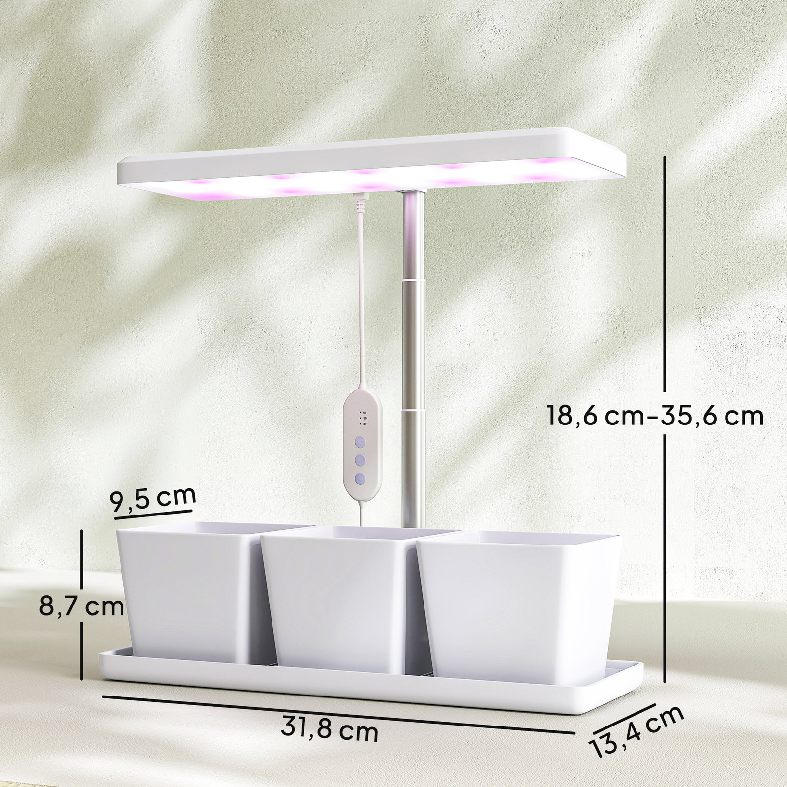 Luz de crescimento com 30 LED de espectro completo ajustável em altura com temporizador automático 8/12/16/24h 5 níveis de brilho e 3 vasos 31,8x13,4x18,6-35,6 cm branco