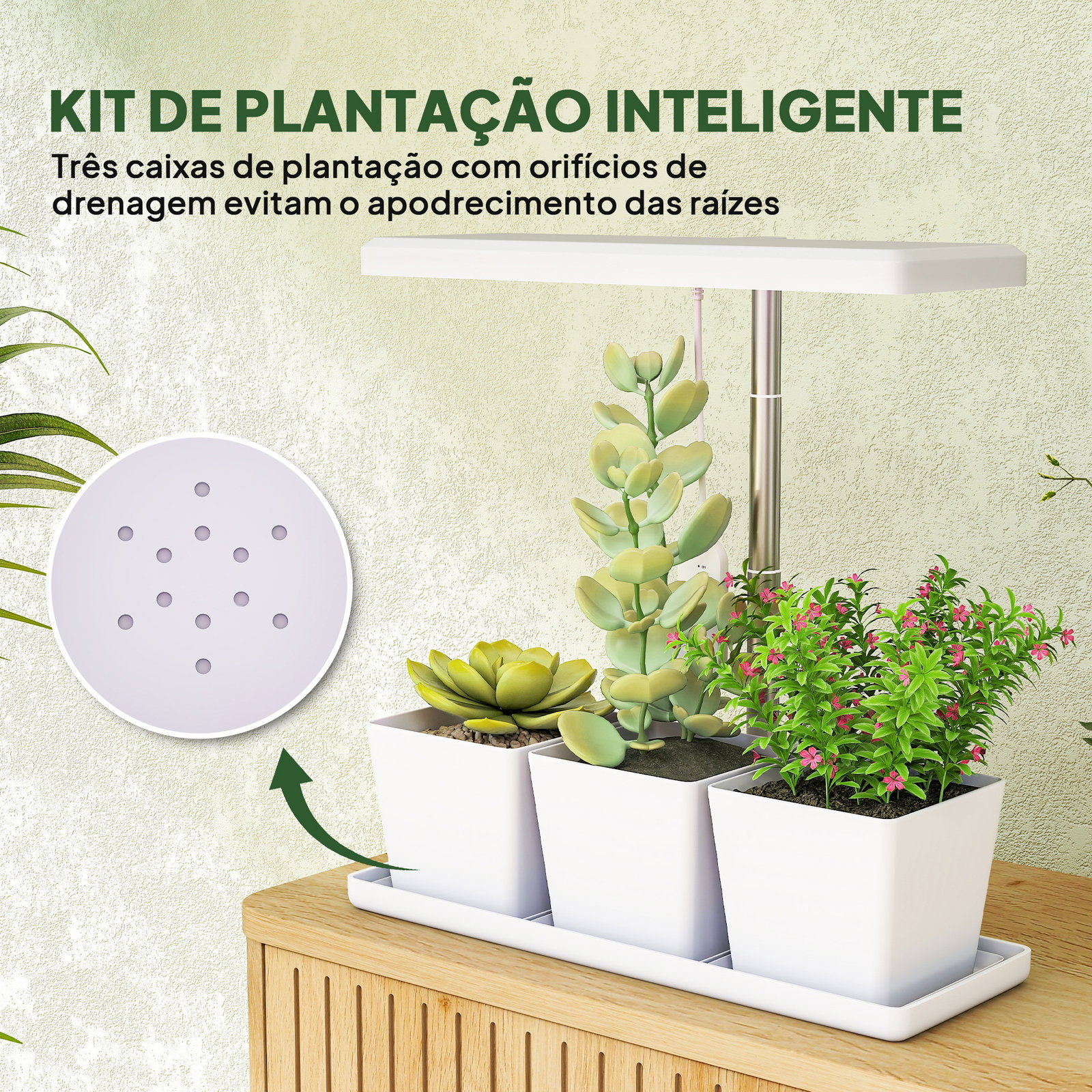 Luz de crescimento com 30 LED de espectro completo ajustável em altura com temporizador automático 8/12/16/24h 5 níveis de brilho e 3 vasos 31,8x13,4x18,6-35,6 cm branco