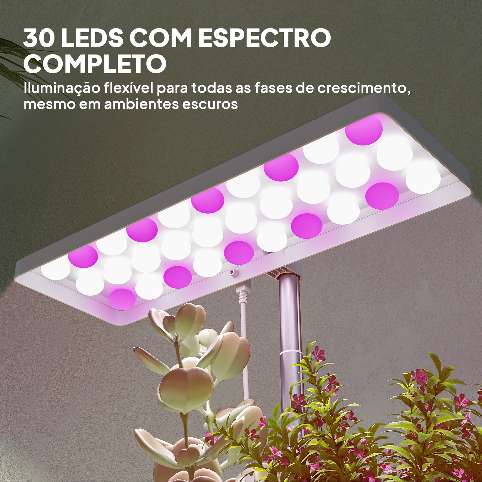 Luz de crescimento com 30 LED de espectro completo ajustável em altura com temporizador automático 8/12/16/24h 5 níveis de brilho e 3 vasos 31,8x13,4x18,6-35,6 cm branco