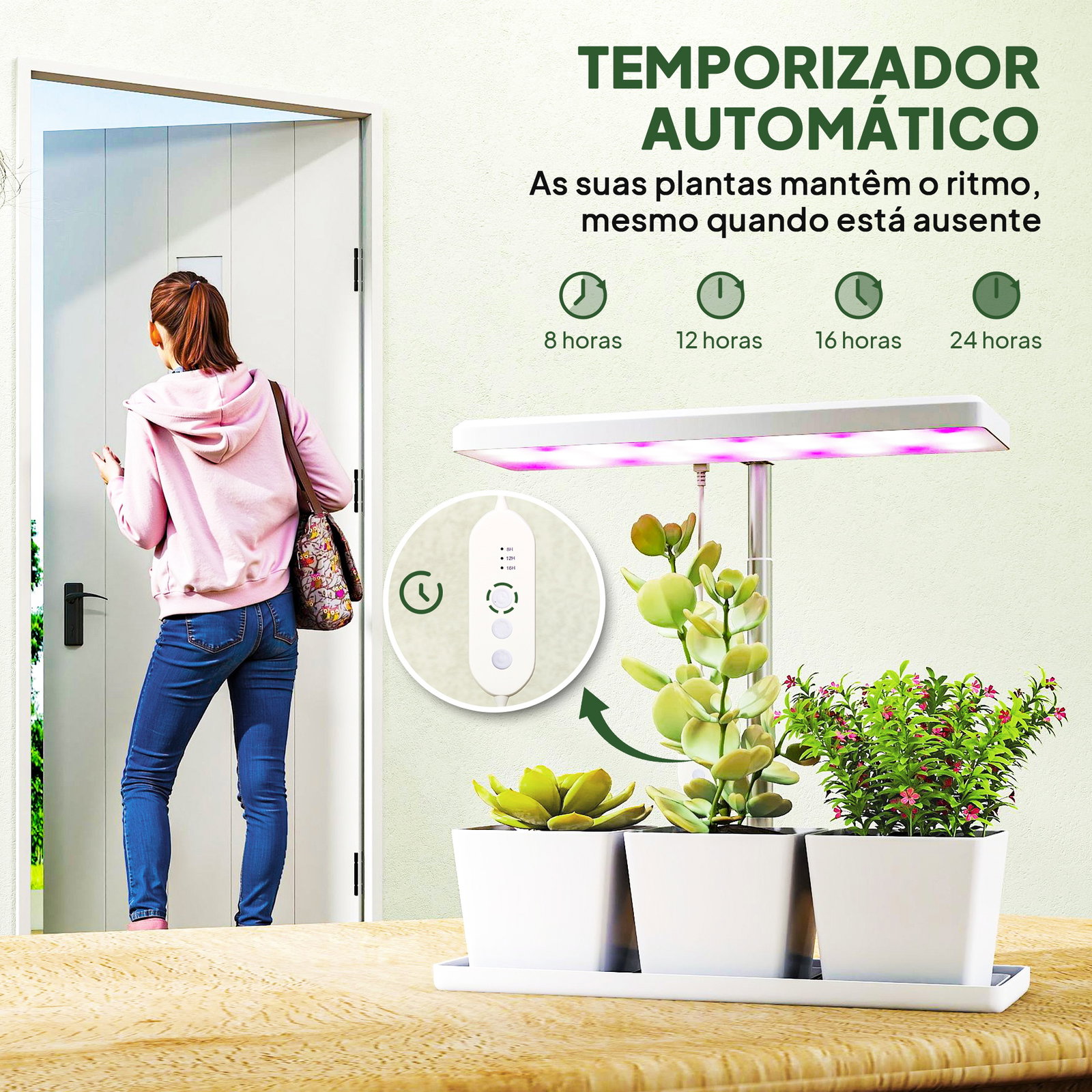 Luz de crescimento com 30 LED de espectro completo ajustável em altura com temporizador automático 8/12/16/24h 5 níveis de brilho e 3 vasos 31,8x13,4x18,6-35,6 cm branco