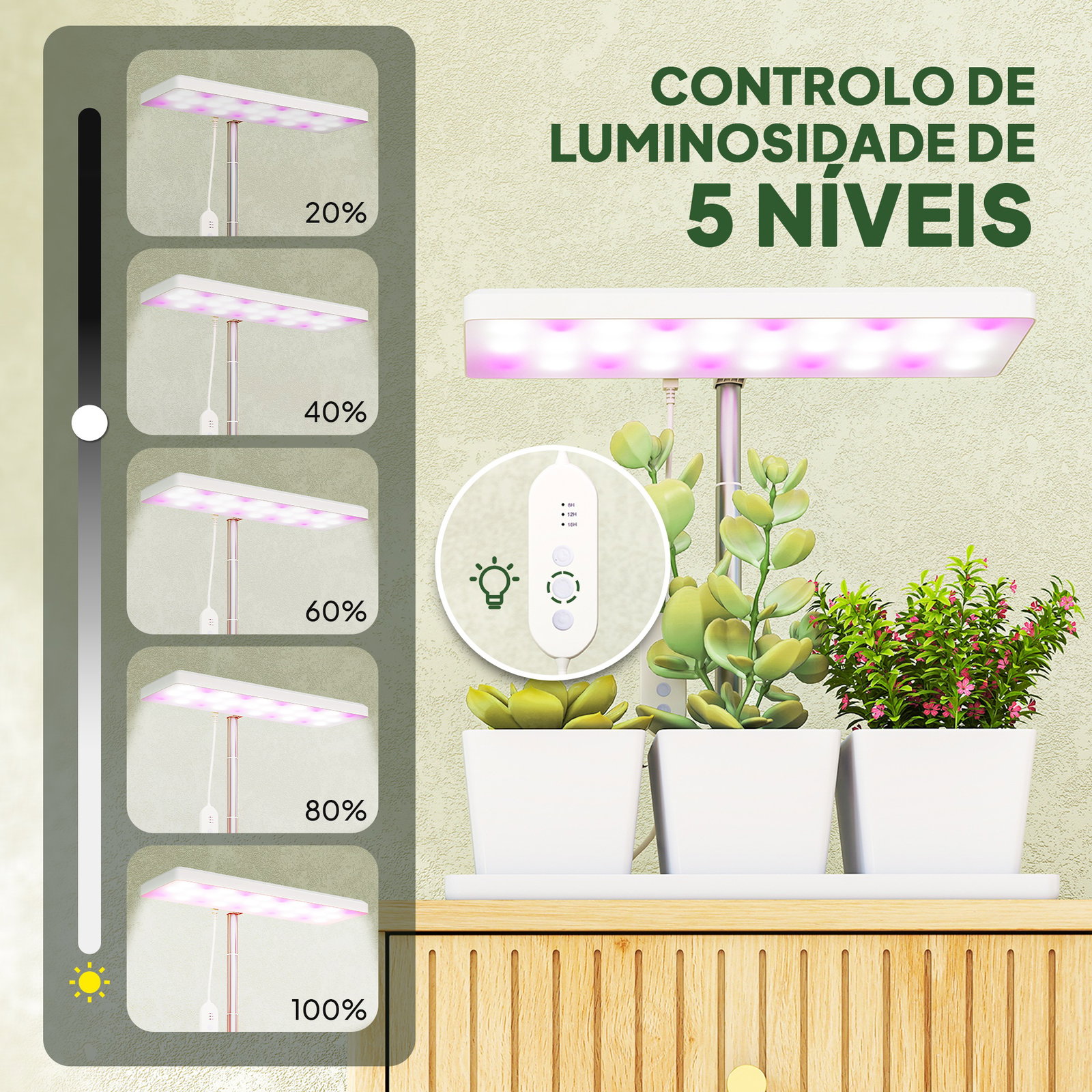 Luz de crescimento com 30 LED de espectro completo ajustável em altura com temporizador automático 8/12/16/24h 5 níveis de brilho e 3 vasos 31,8x13,4x18,6-35,6 cm branco