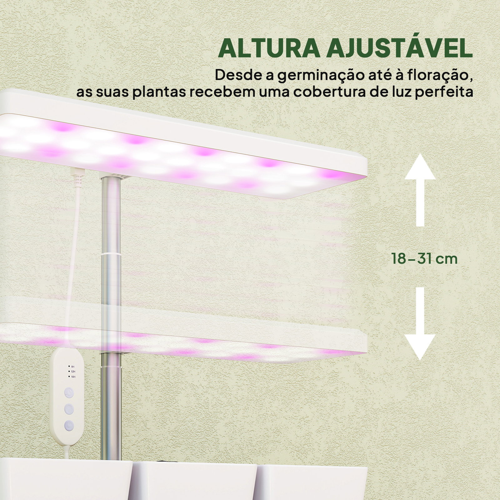 Luz de crescimento com 30 LED de espectro completo ajustável em altura com temporizador automático 8/12/16/24h 5 níveis de brilho e 3 vasos 31,8x13,4x18,6-35,6 cm branco