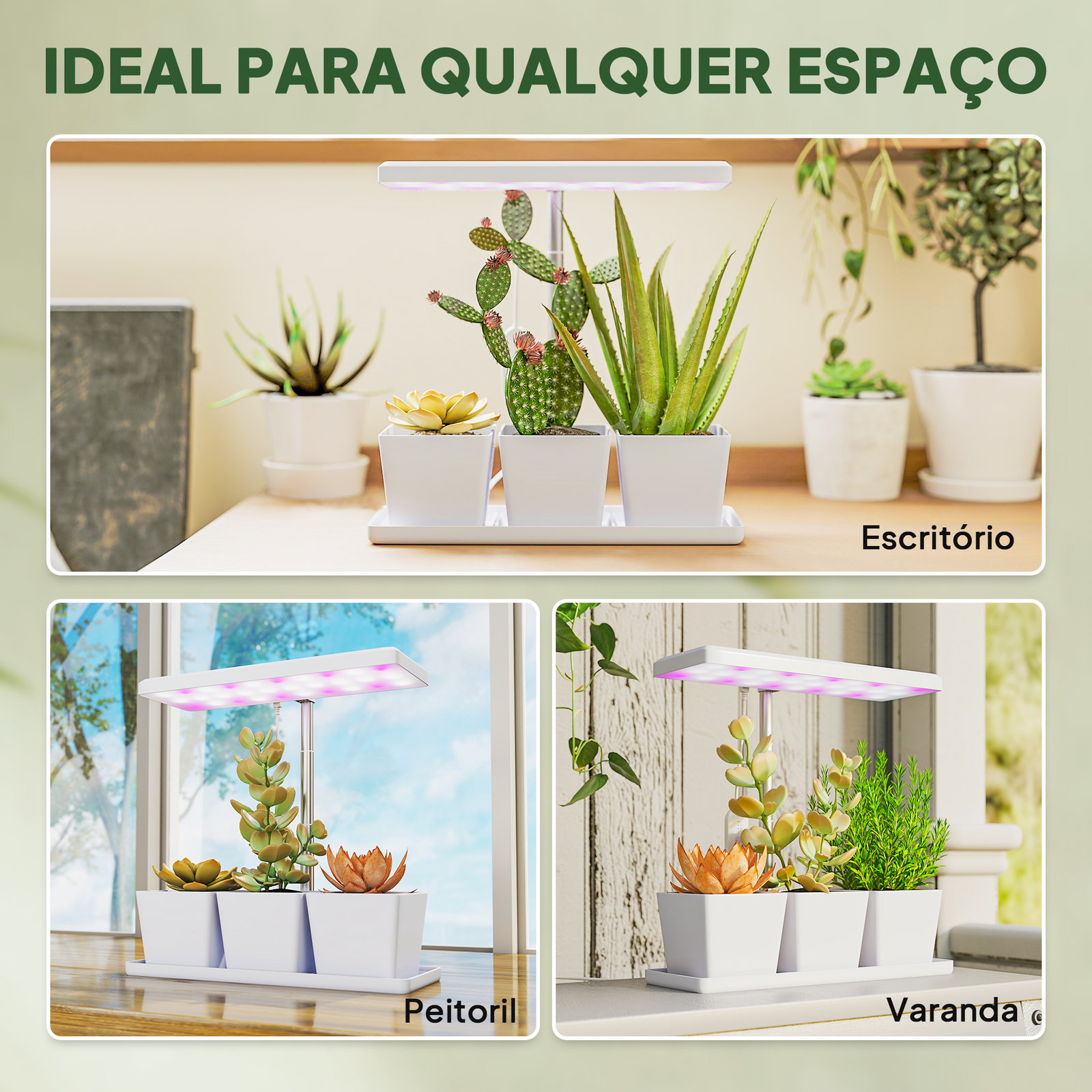 Luz de crescimento com 30 LED de espectro completo ajustável em altura com temporizador automático 8/12/16/24h 5 níveis de brilho e 3 vasos 31,8x13,4x18,6-35,6 cm branco
