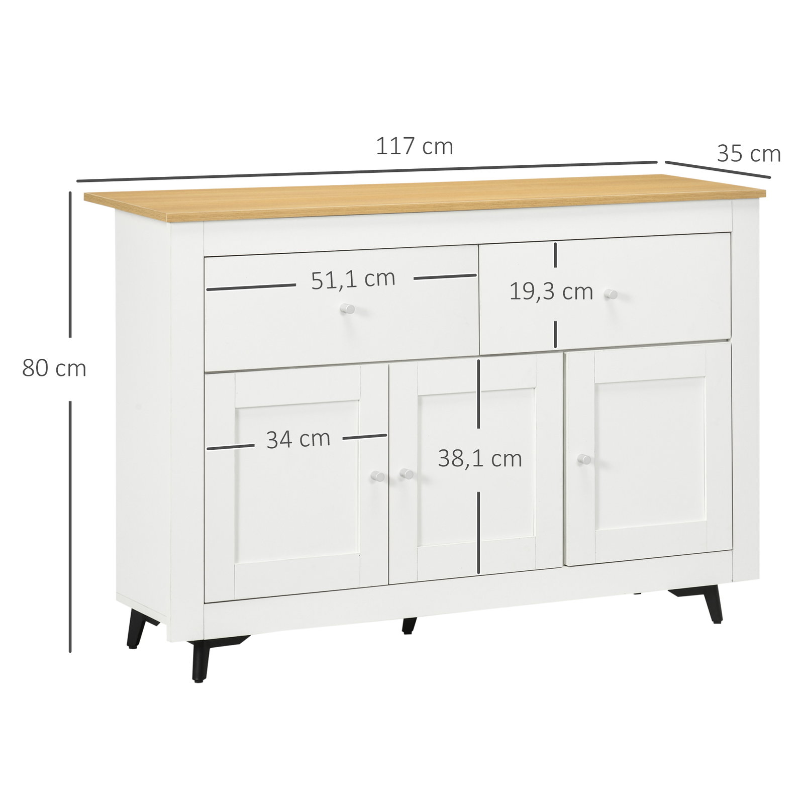 Aparador móvel auxiliar de cozinha com 2 gavetas 3 portas e prateleira ajustável móvel de TV de até 50 polegadas 117x35x80 cm branco e madeira
