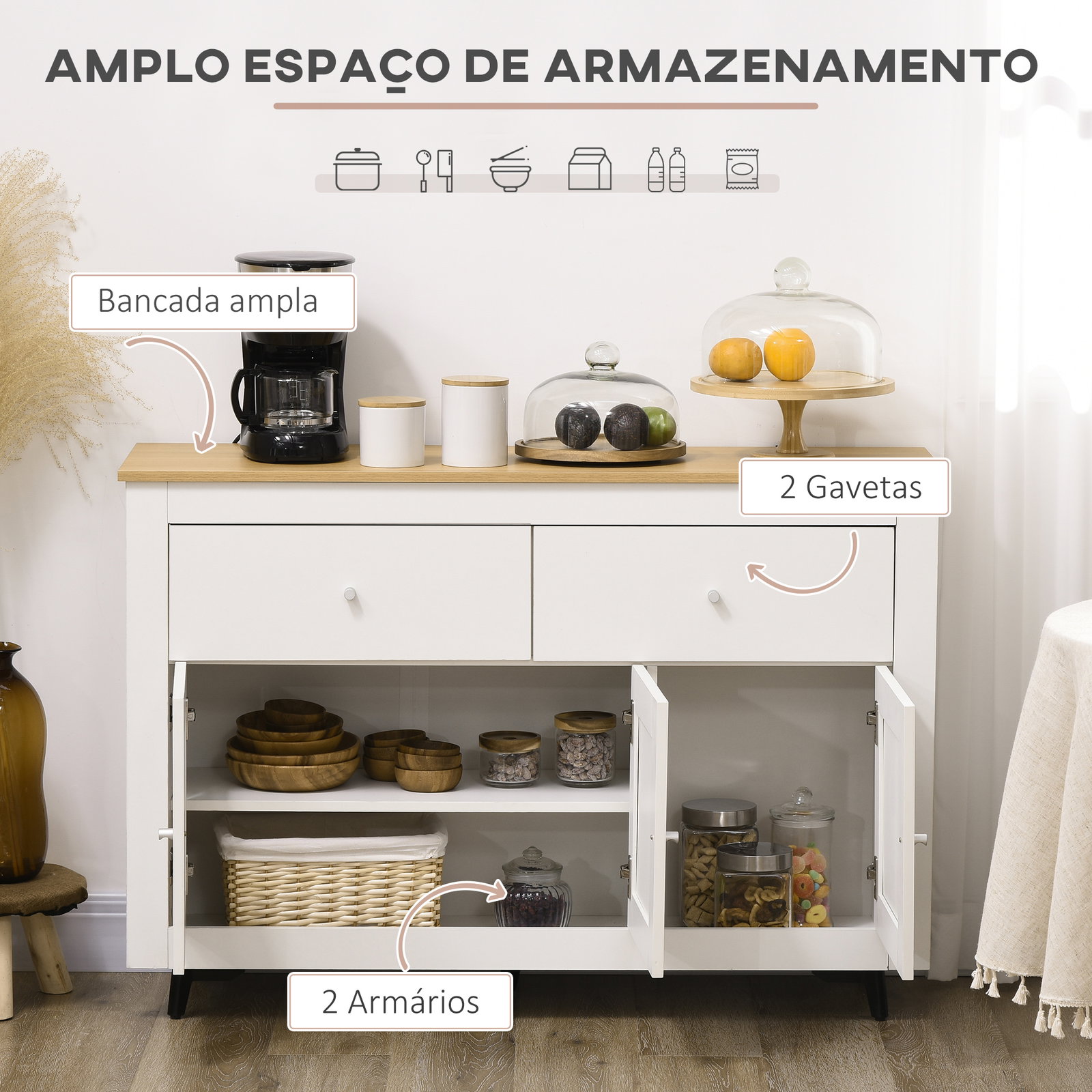 Aparador móvel auxiliar de cozinha com 2 gavetas 3 portas e prateleira ajustável móvel de TV de até 50 polegadas 117x35x80 cm branco e madeira