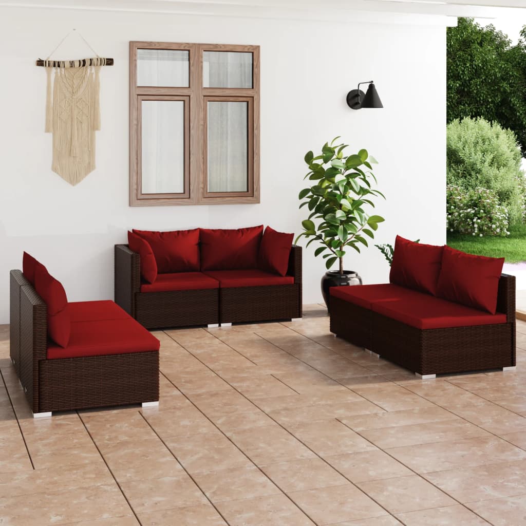 6 Pcs conjunto lounge jardim c/ almofadões vime PE castanho