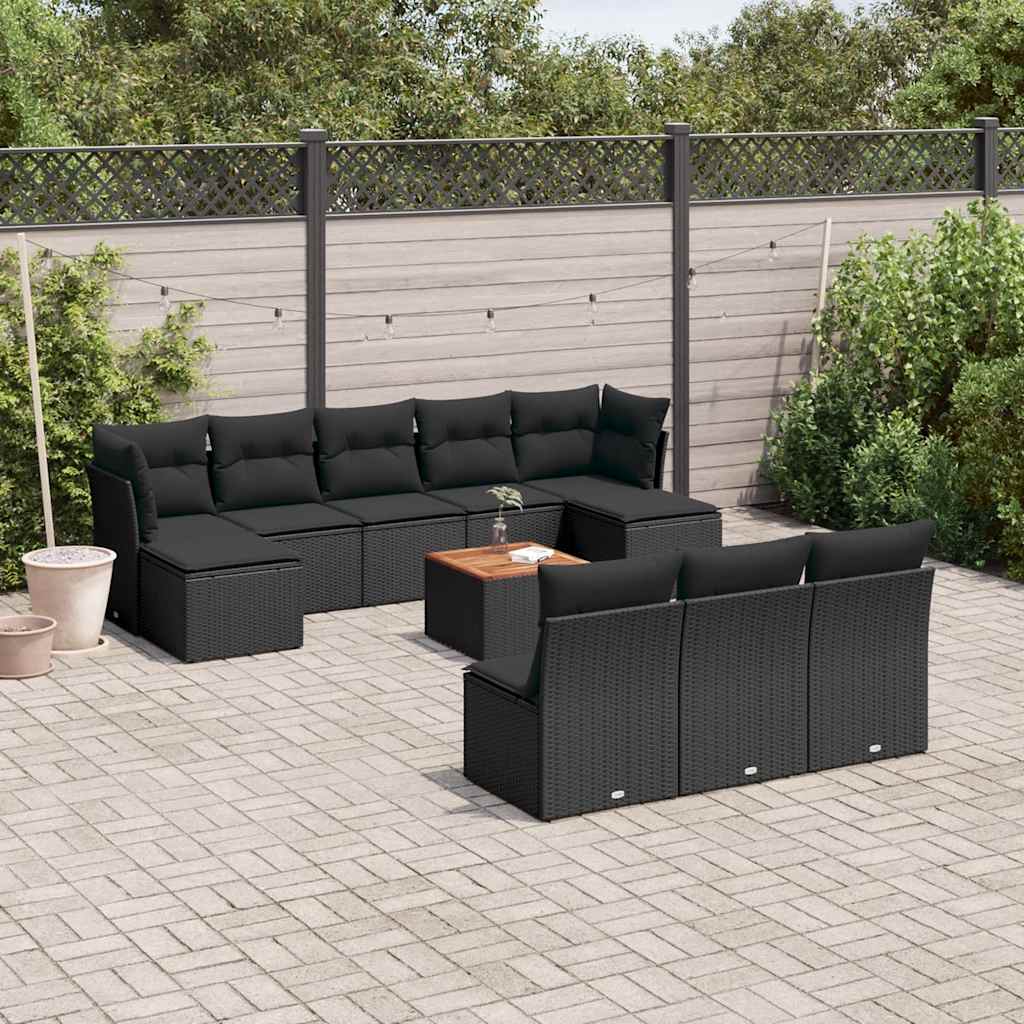 11 Pcs conjunto sofás de jardim c/ almofadões vime PE preto