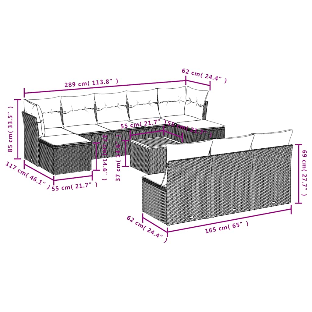 11 Pcs conjunto sofás de jardim c/ almofadões vime PE preto