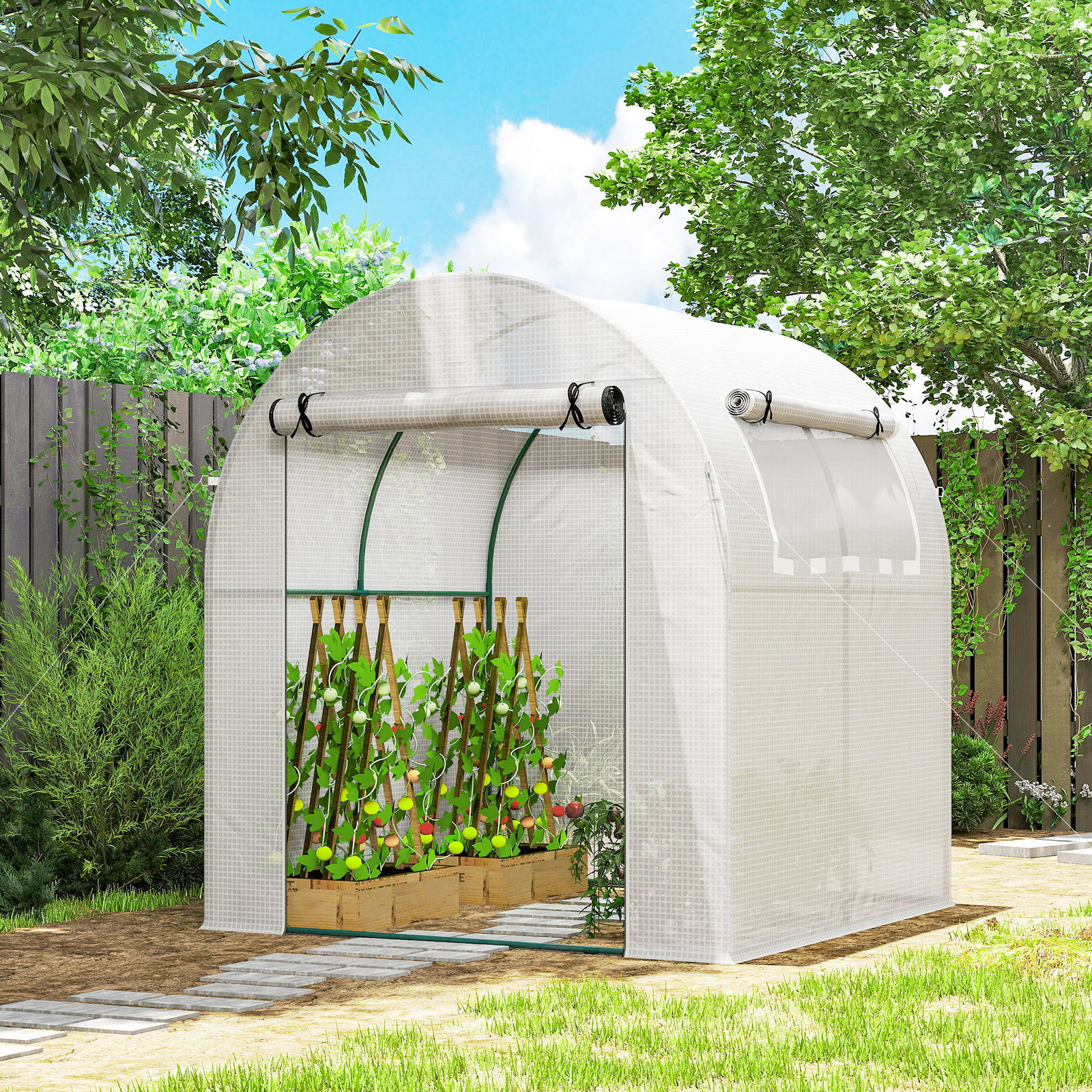 Estufa de jardim 180x180x200 cm estufa tipo túnel pequena com porta enrolável e janela de malha para cultivar plantas flores branco
