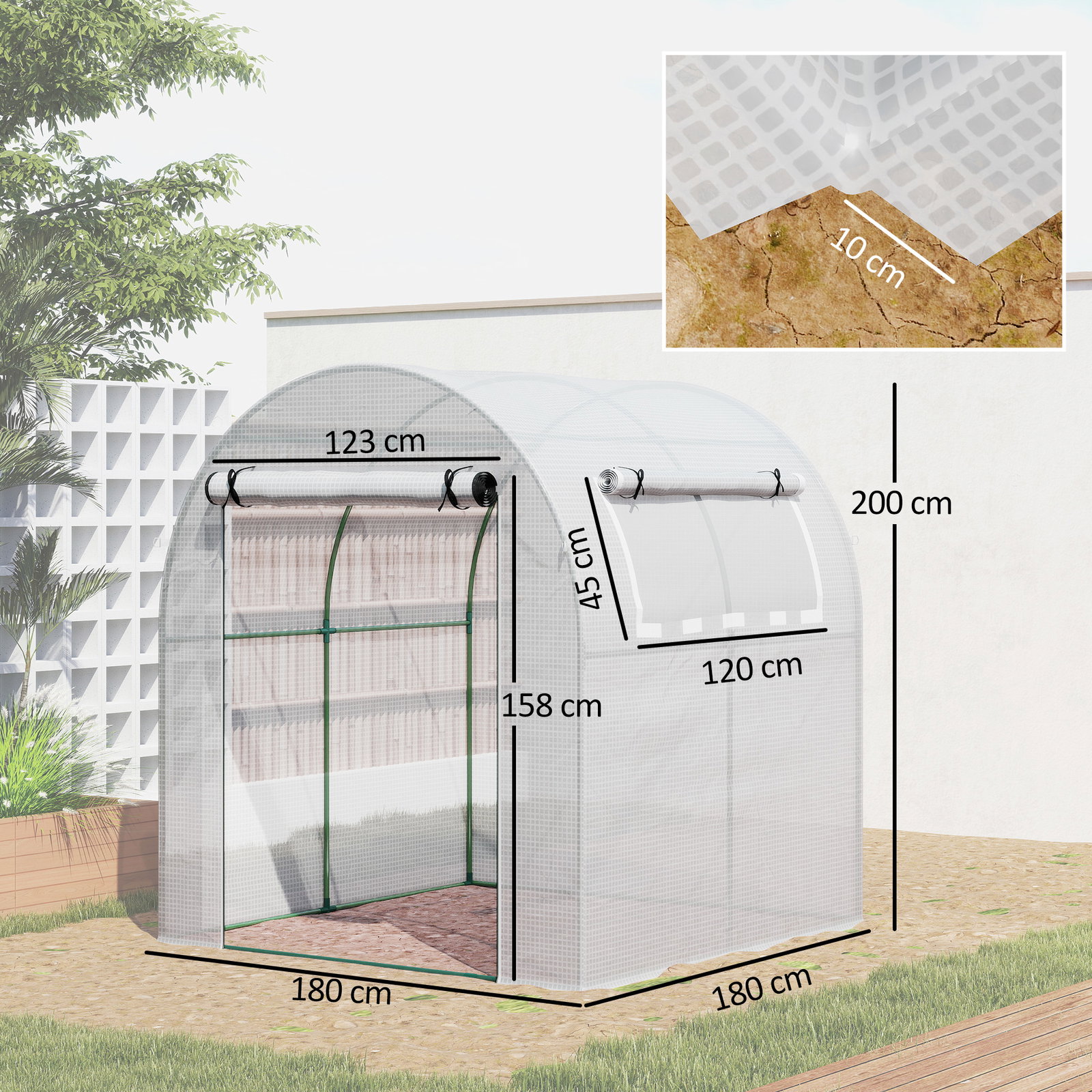 Estufa de jardim 180x180x200 cm estufa tipo túnel pequena com porta enrolável e janela de malha para cultivar plantas flores branco