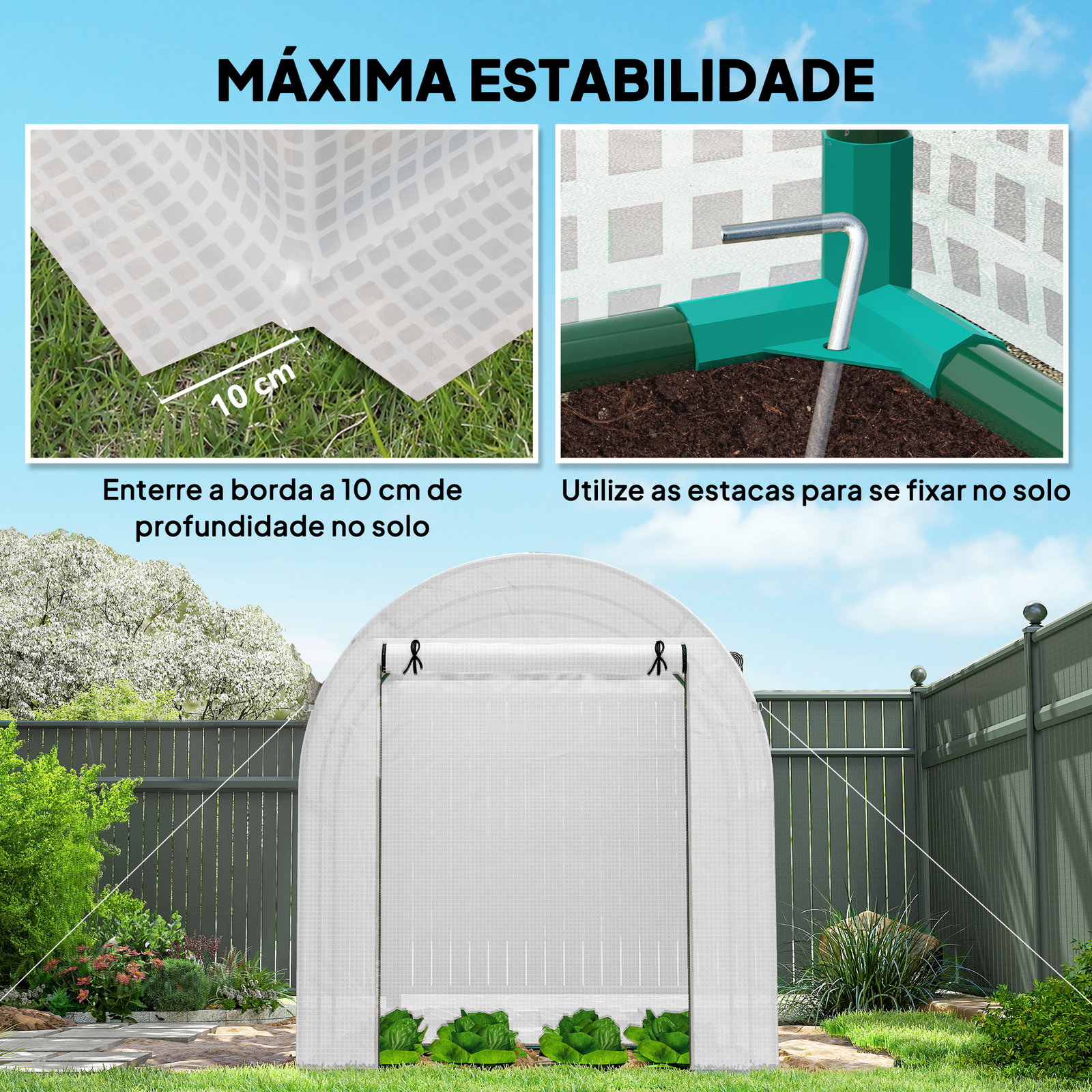 Estufa de jardim 180x180x200 cm estufa tipo túnel pequena com porta enrolável e janela de malha para cultivar plantas flores branco