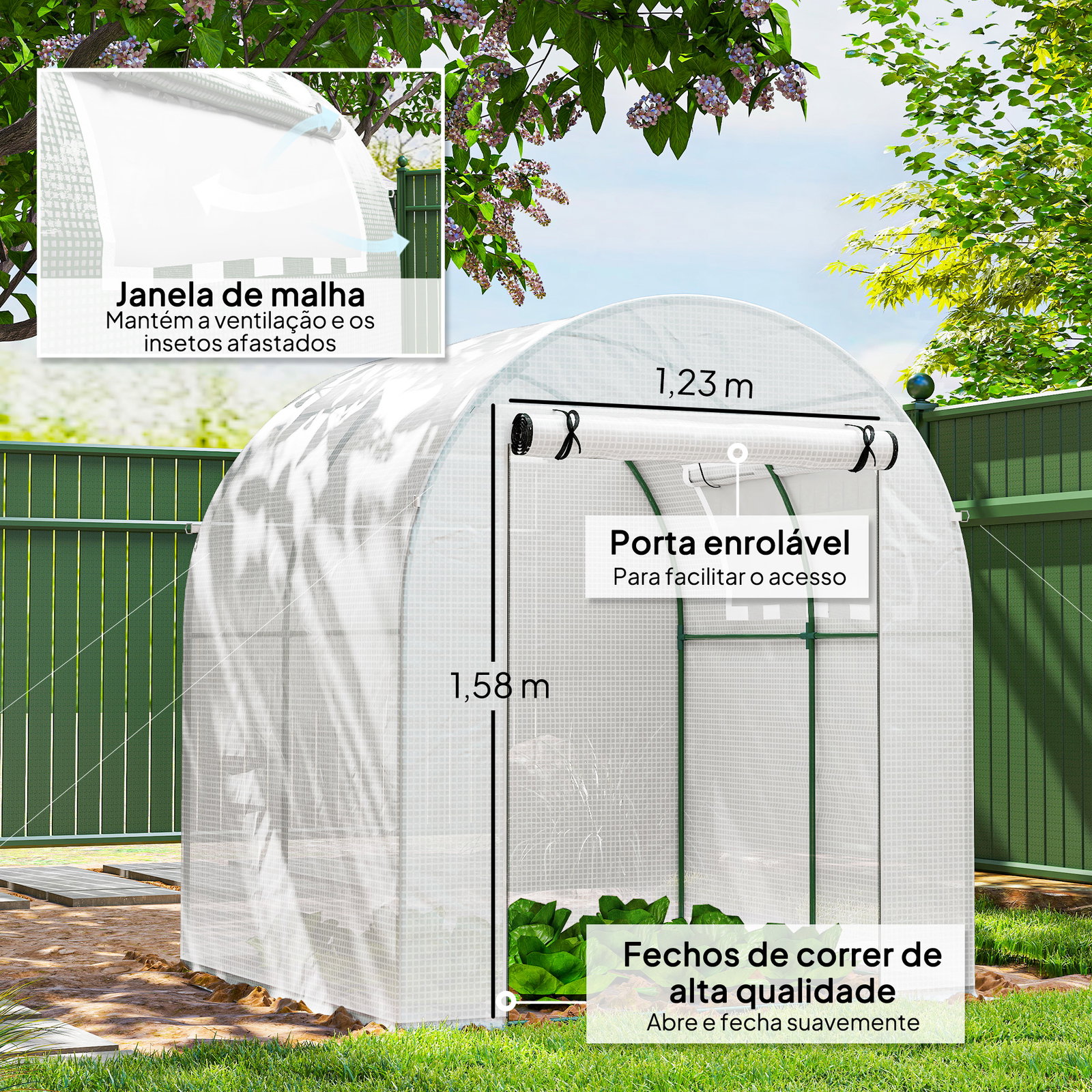 Estufa de jardim 180x180x200 cm estufa tipo túnel pequena com porta enrolável e janela de malha para cultivar plantas flores branco