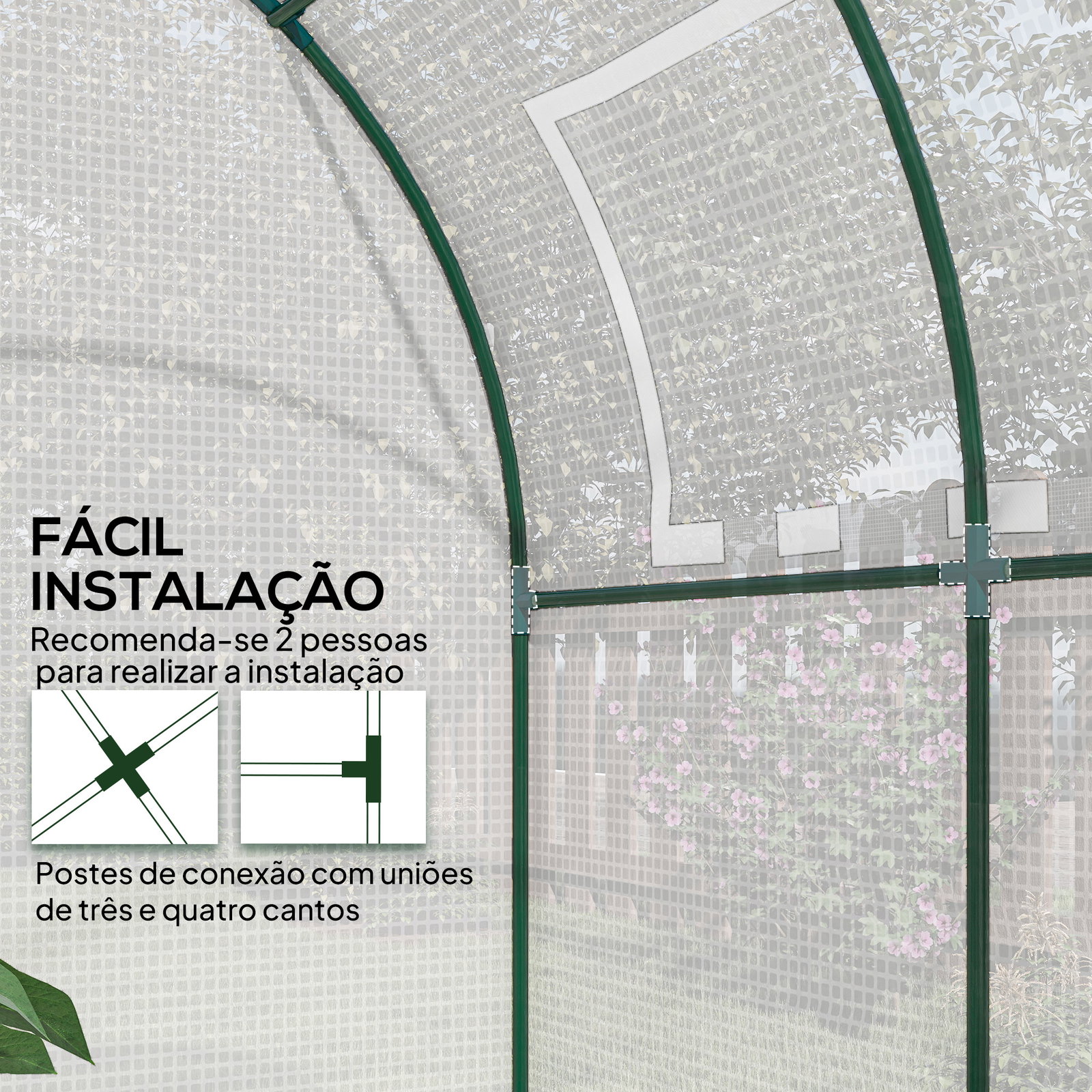 Estufa de jardim 180x180x200 cm estufa tipo túnel pequena com porta enrolável e janela de malha para cultivar plantas flores branco