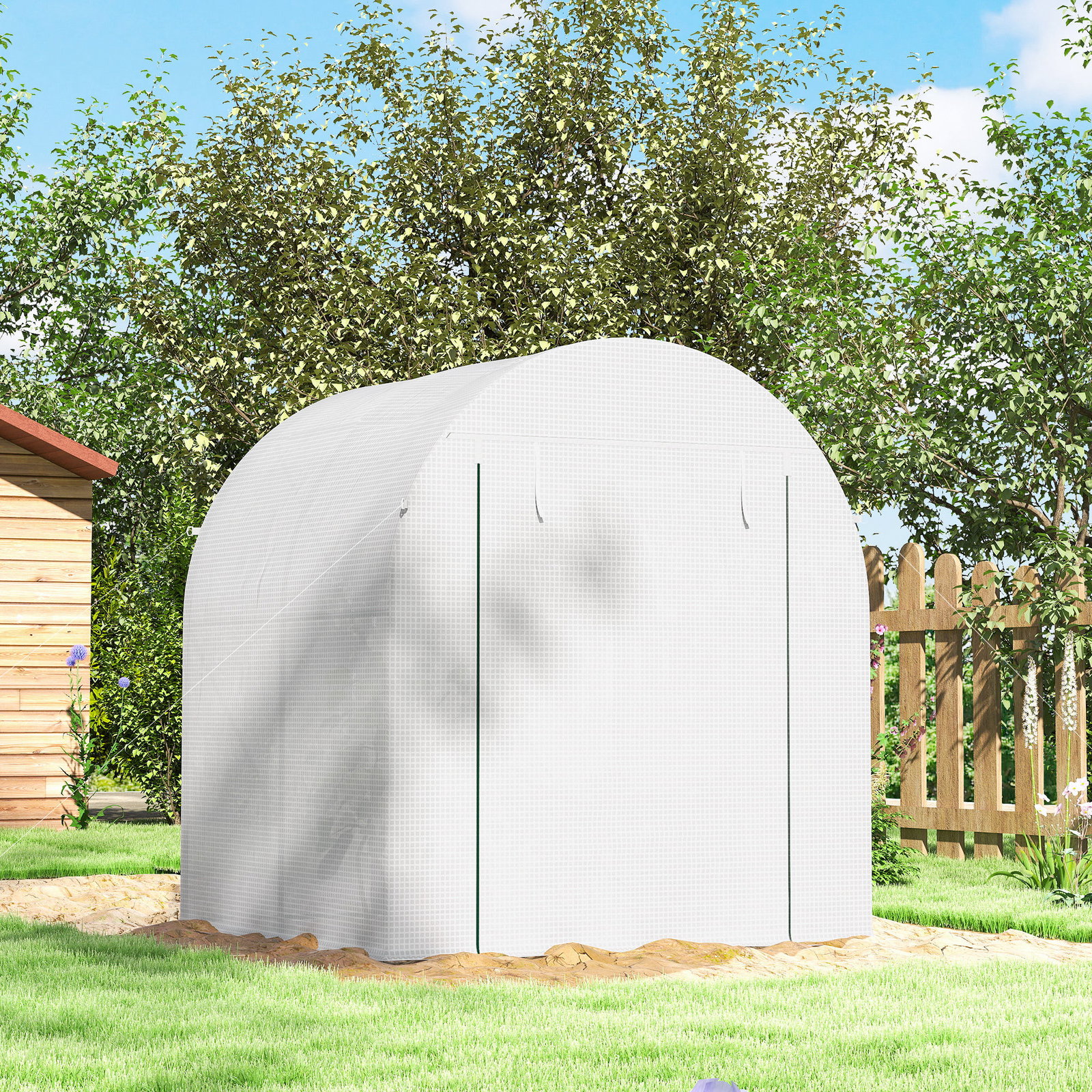 Estufa de jardim 180x180x200 cm estufa tipo túnel pequena com porta enrolável e janela de malha para cultivar plantas flores branco