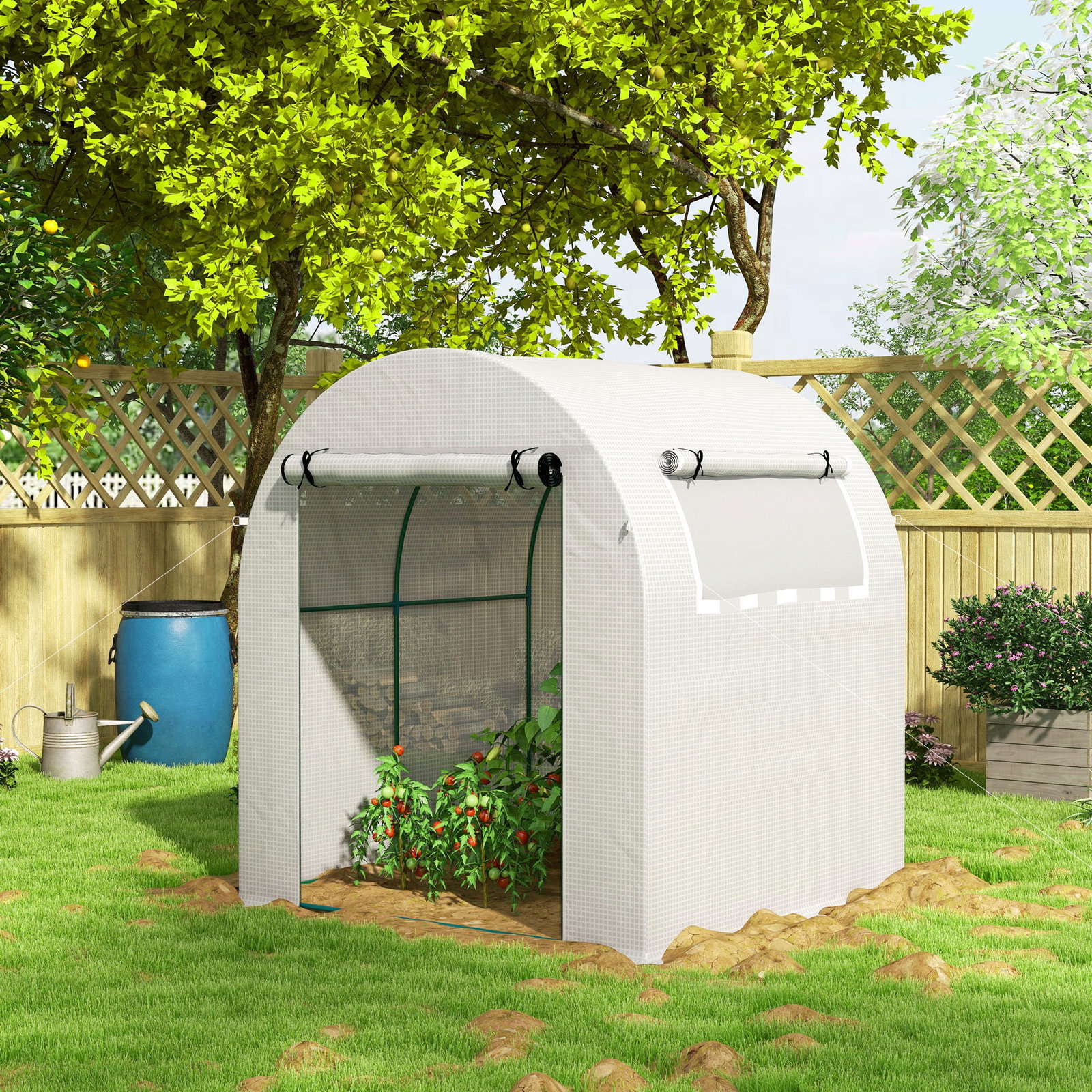 Estufa de jardim 180x180x200 cm estufa tipo túnel pequena com porta enrolável e janela de malha para cultivar plantas flores branco