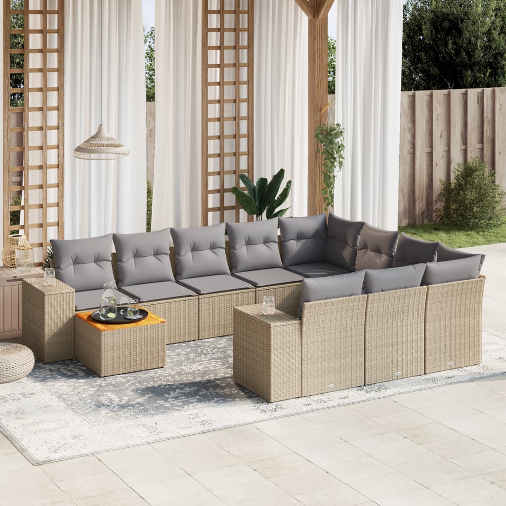 11 Pcs conjunto sofás de jardim c/ almofadões vime PE bege