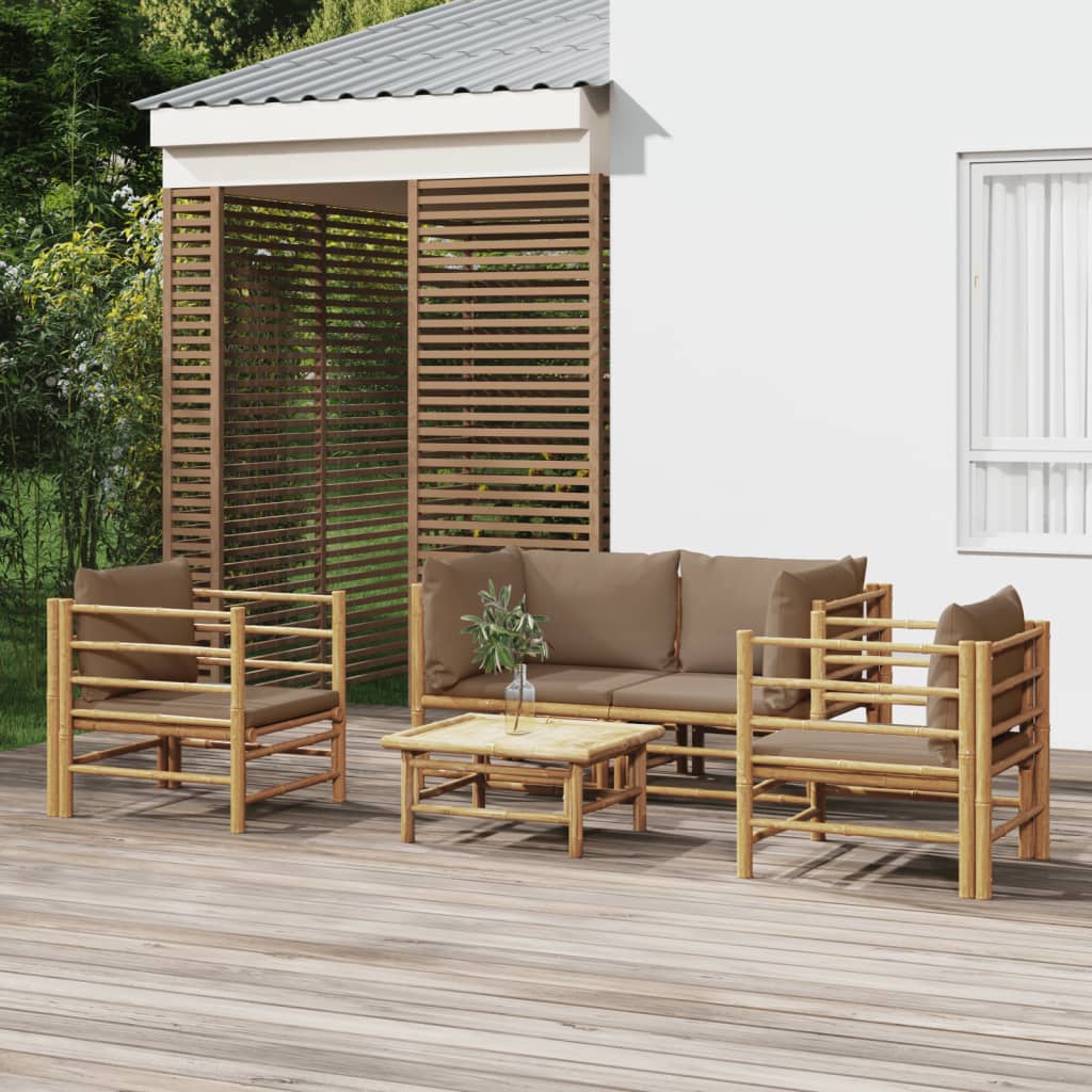 5 Pcs conj. lounge jardim bambu almofadões cinzento-acastanhado
