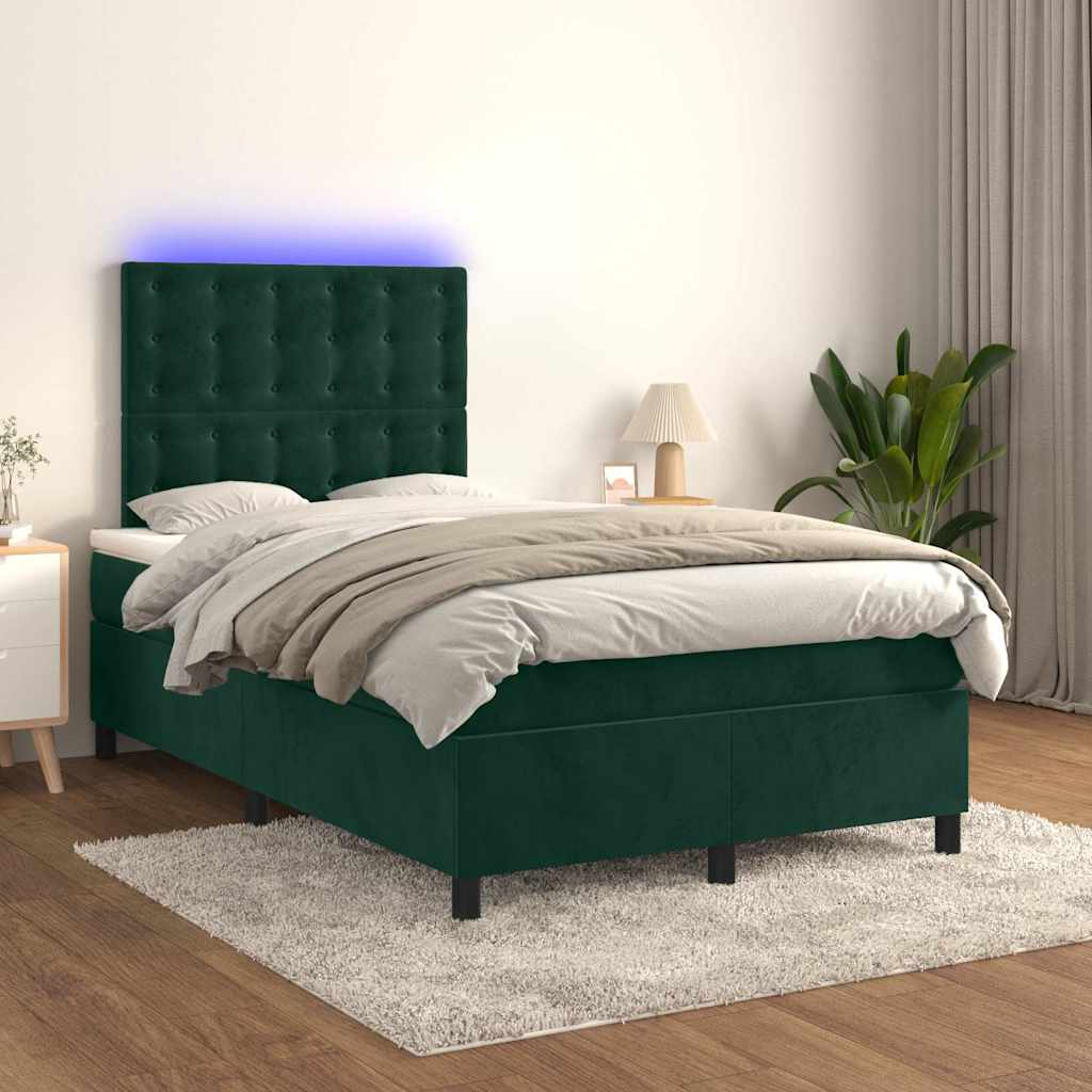 Cama box spring c/ colchão/LED 120x200 cm veludo verde-escuro