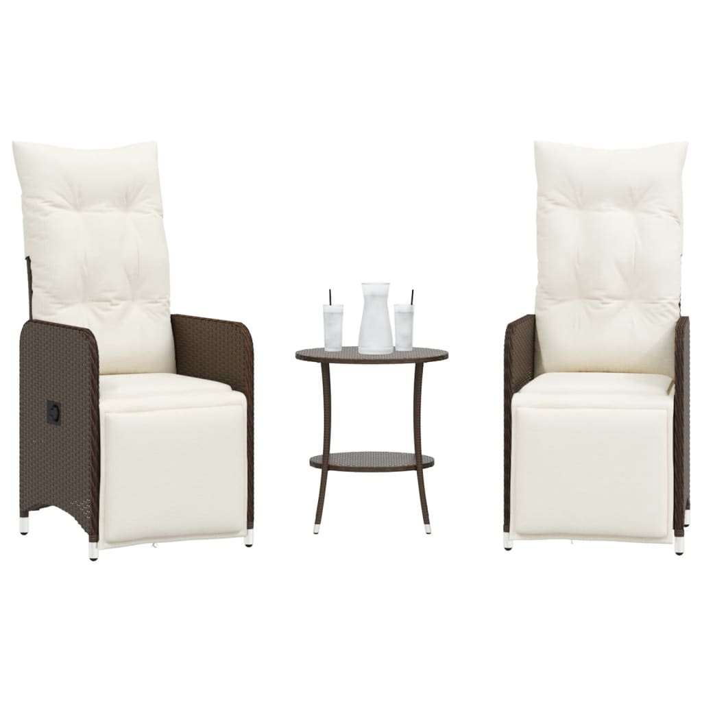 Cadeiras jardim reclináveis 2 pcs c/ mesa vime PE castanho