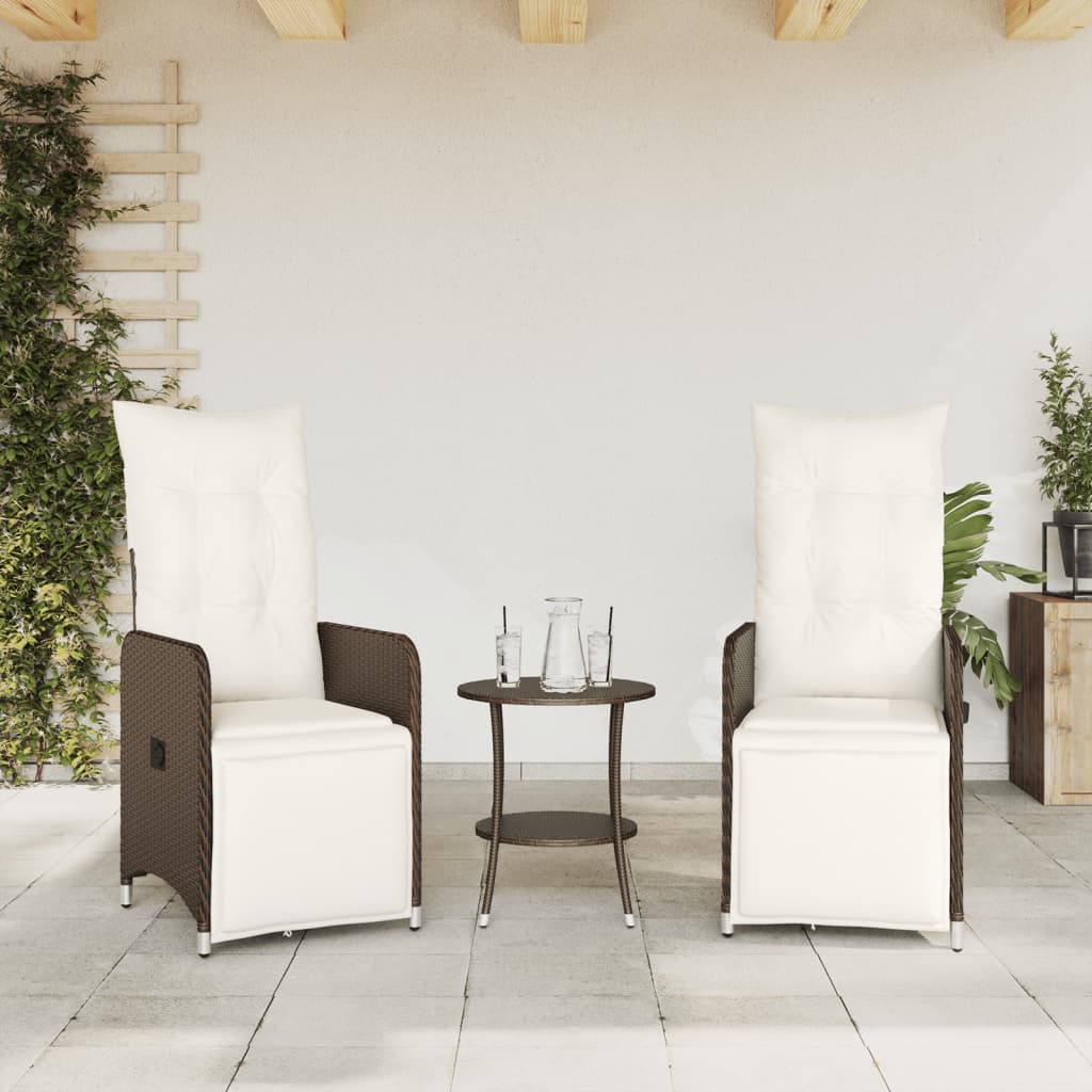 Cadeiras jardim reclináveis 2 pcs c/ mesa vime PE castanho