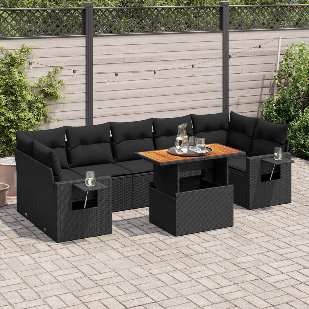 8 Pcs conjunto sofás de jardim com almofadões vime PE preto