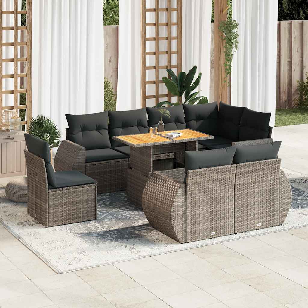 9 Pcs conjunto sofás p/ jardim com almofadões vime PE cinzento