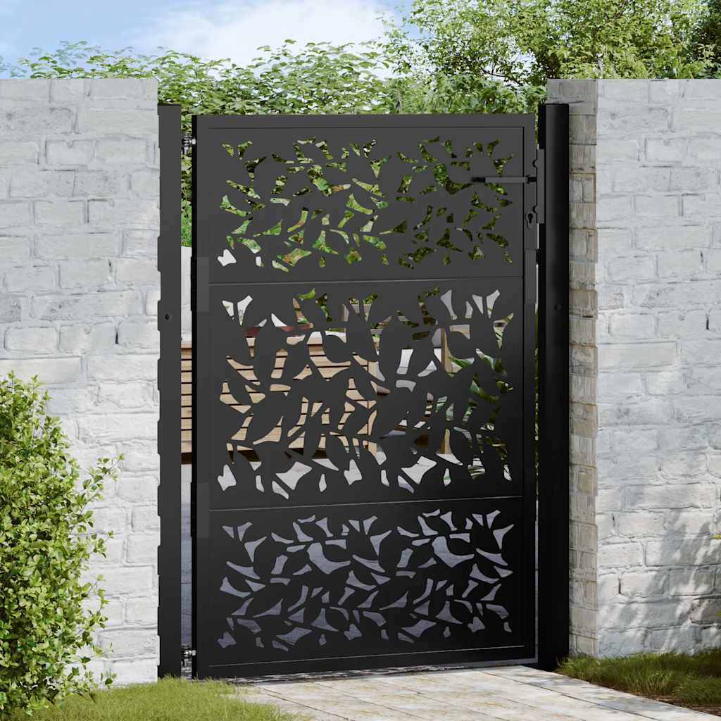 Portão de jardim preto 100x125 cm com design de folha de aço