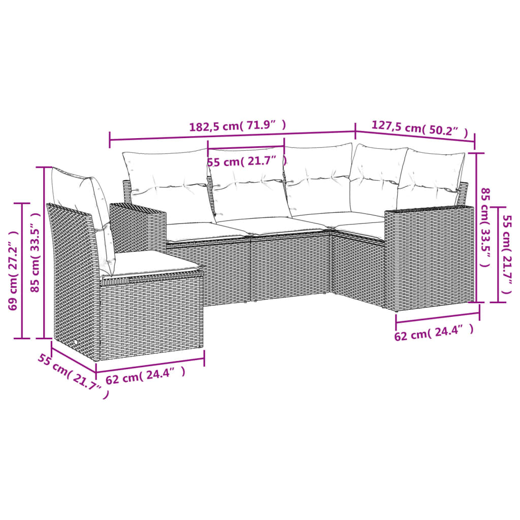5 Pcs conjunto sofás p/ jardim c/ almofadões vime PE castanho