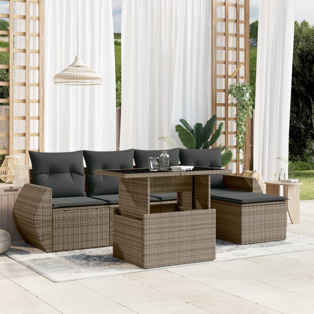 6 Pcs conjunto sofás de jardim com almofadões vime cinzento