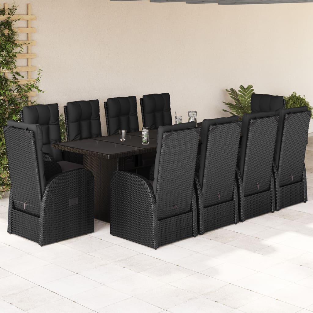 11 Pcs conjunto de jantar p/ jardim c/ almofadões vime PE preto