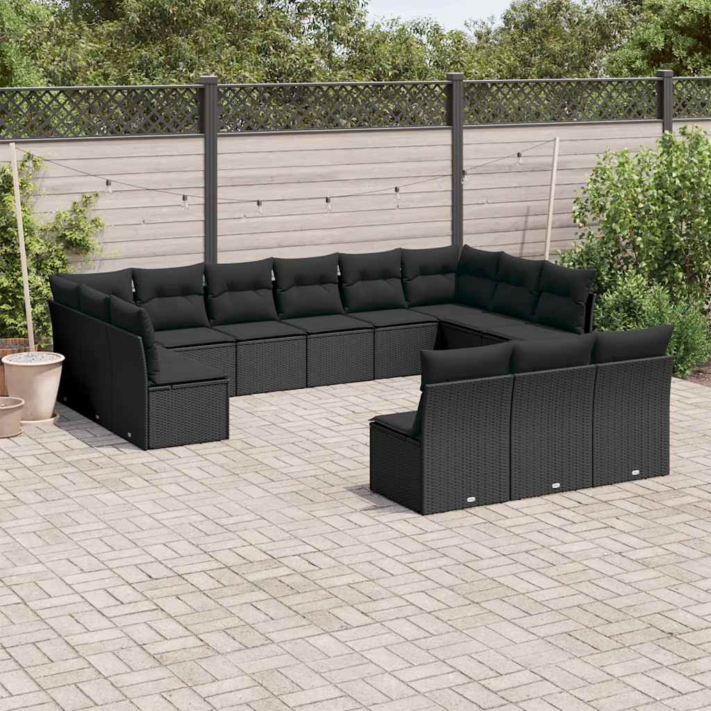 13 Pcs conjunto de sofás de jardim com almofadões vime PE preto