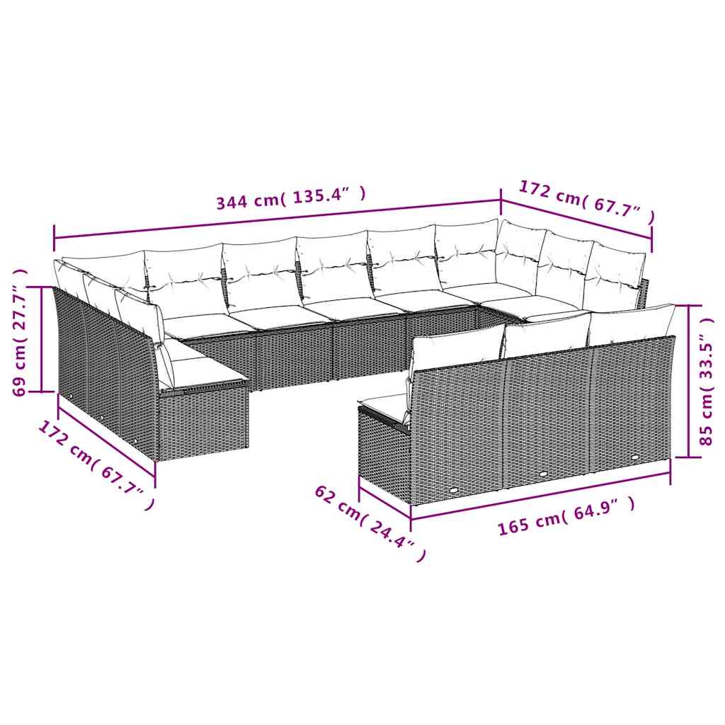 13 Pcs conjunto de sofás de jardim com almofadões vime PE preto