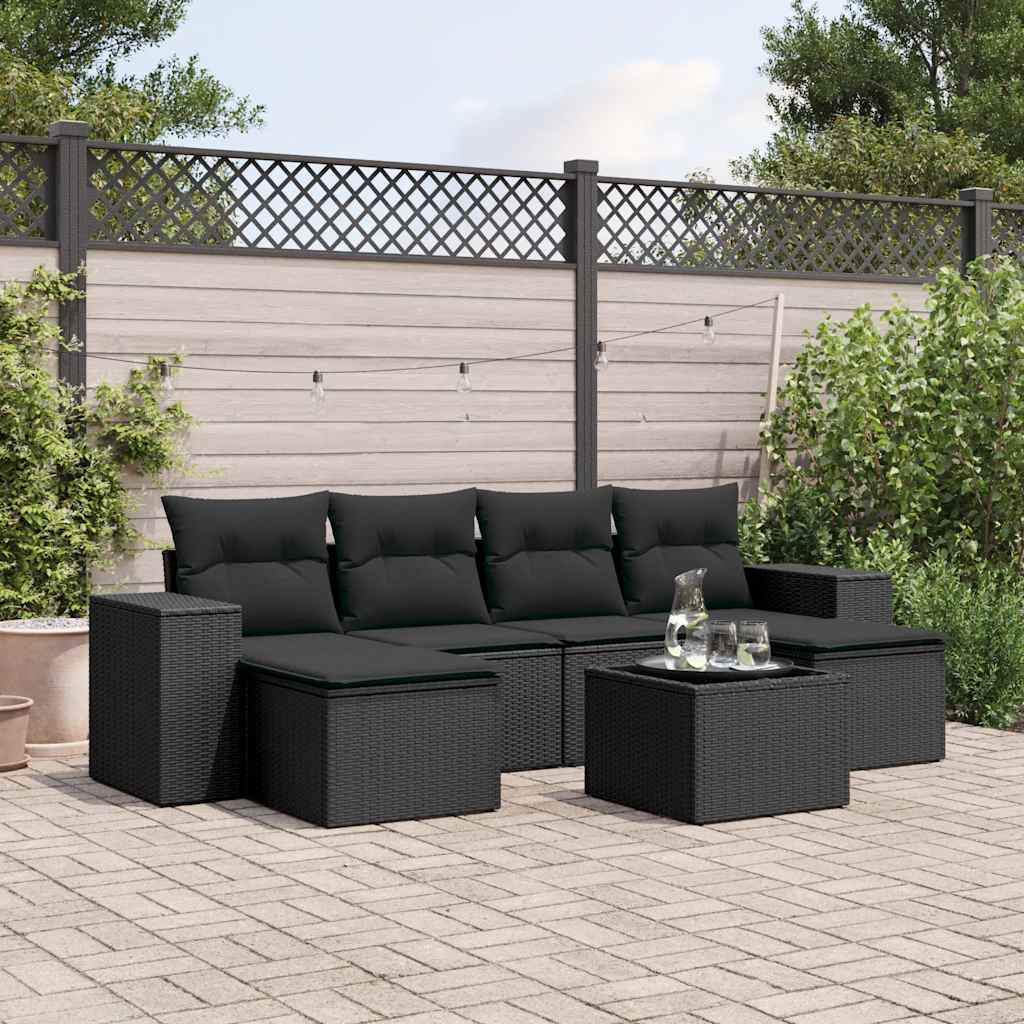7 Pcs conjunto de sofás p/ jardim c/ almofadões vime PE preto