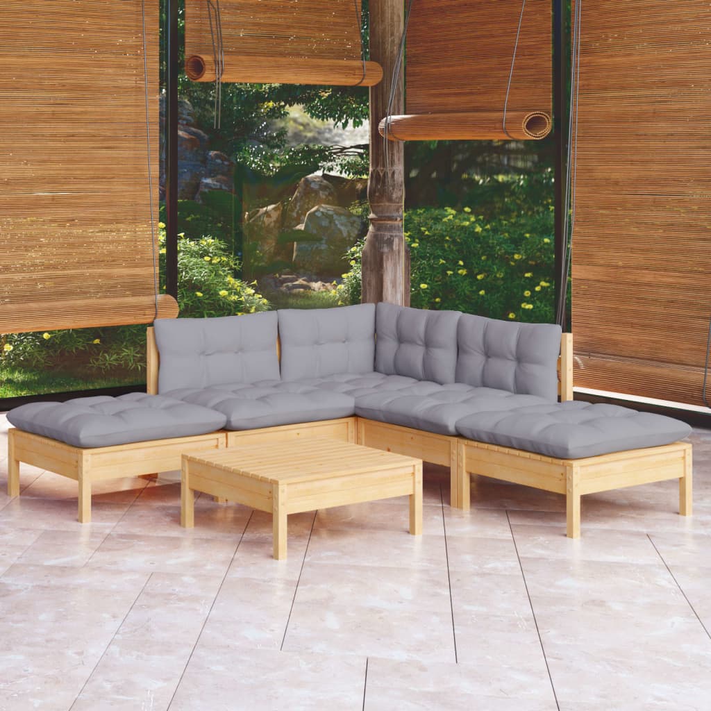 6 Pcs conjunto lounge de jardim c/ almofadões cinza pinho