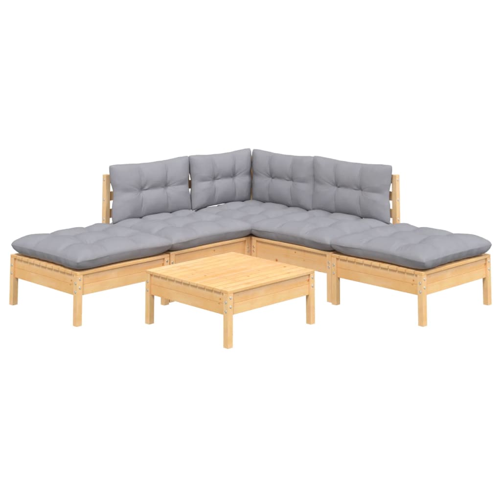 6 Pcs conjunto lounge de jardim c/ almofadões cinza pinho