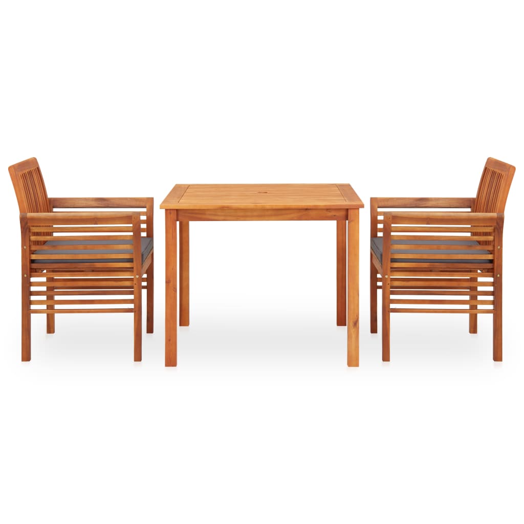 3 Pcs conjunto de jantar exterior c/ almofadões acácia maciça