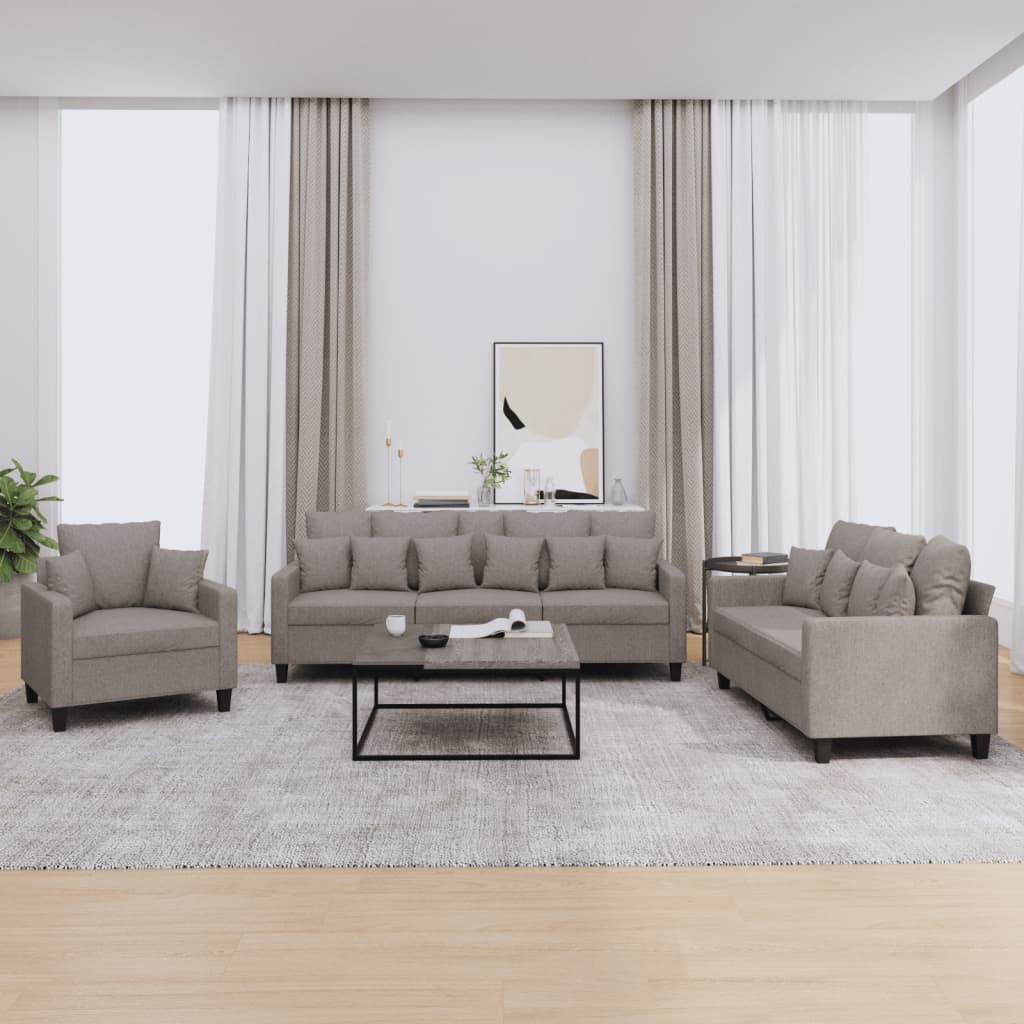 3 Pcs conjunto de sofás com almofadas tecido cinza-acastanhado