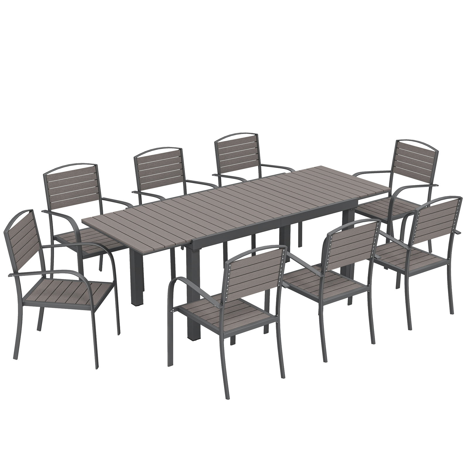 Conjunto de mesa e cadeiras de jardim com mesa extensível estrutura de alumínio 8 cadeiras e tampo de ripas de madeira plástica